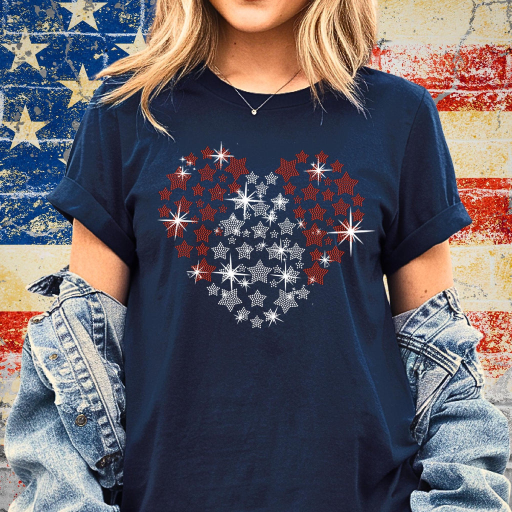 Rhinestone Heart Stars T-Shirt: Red White Blue USA Pride Tee