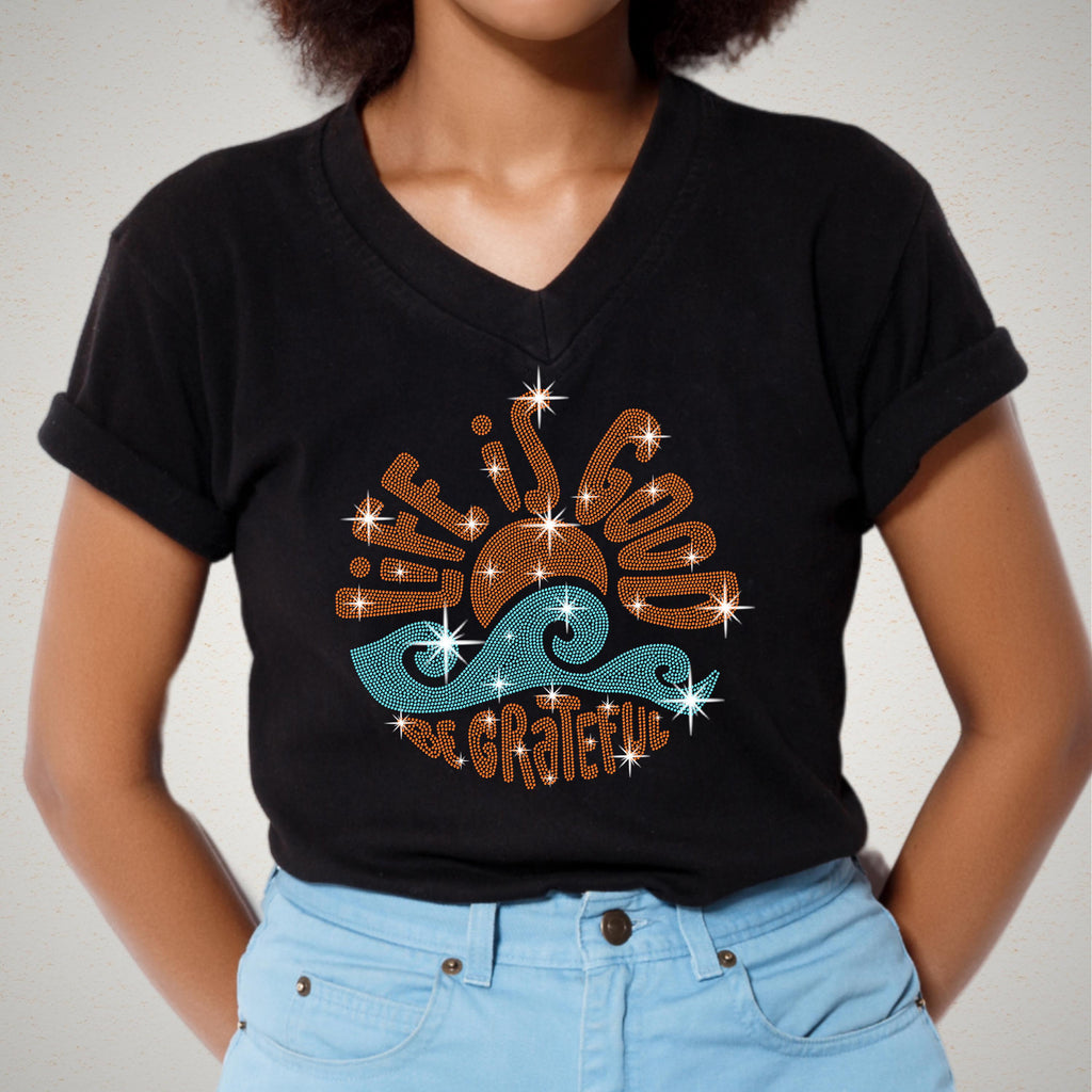 Life is Good Rhinestone T-Shirt: Grateful Beach Seaside Tee