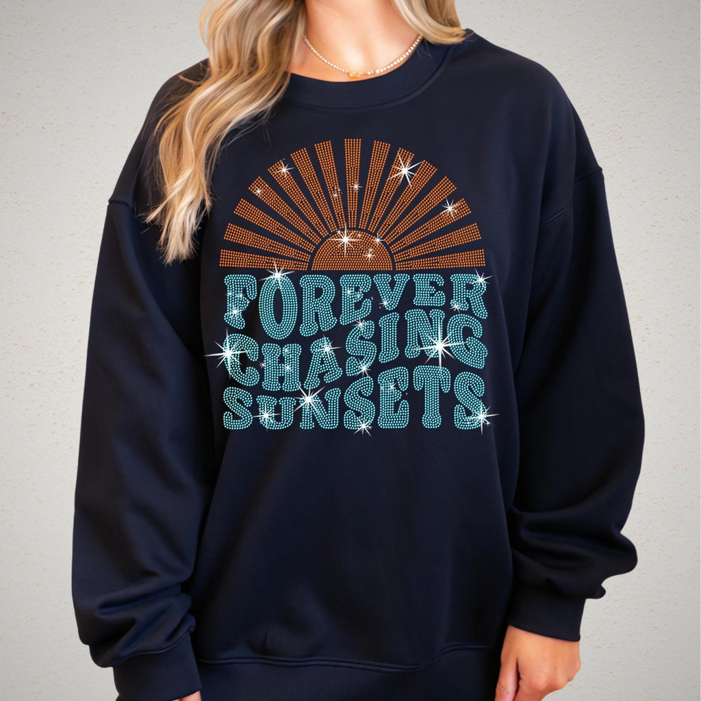 Forever Chasing Sunsets Rhinestone T-Shirt, Aesthetic Summer Shirt, Beach Lovers Tee, Sunshine Shirt, Girls Trip Tee, Family Vacation Gift