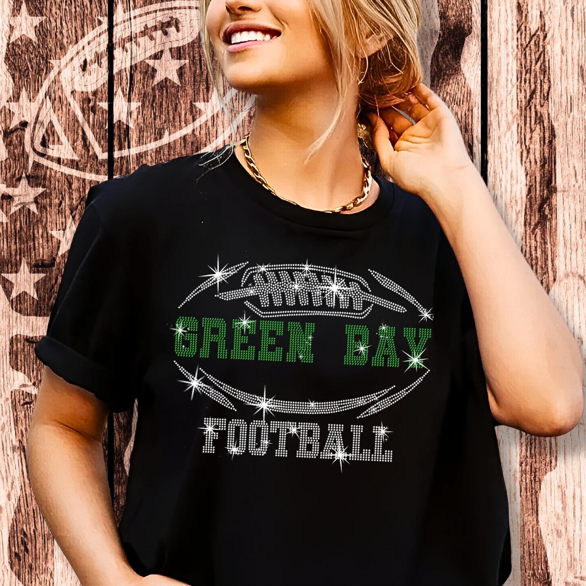 Green Bay Rhinestone Football T-Shirt: Shiny Game Day Tee