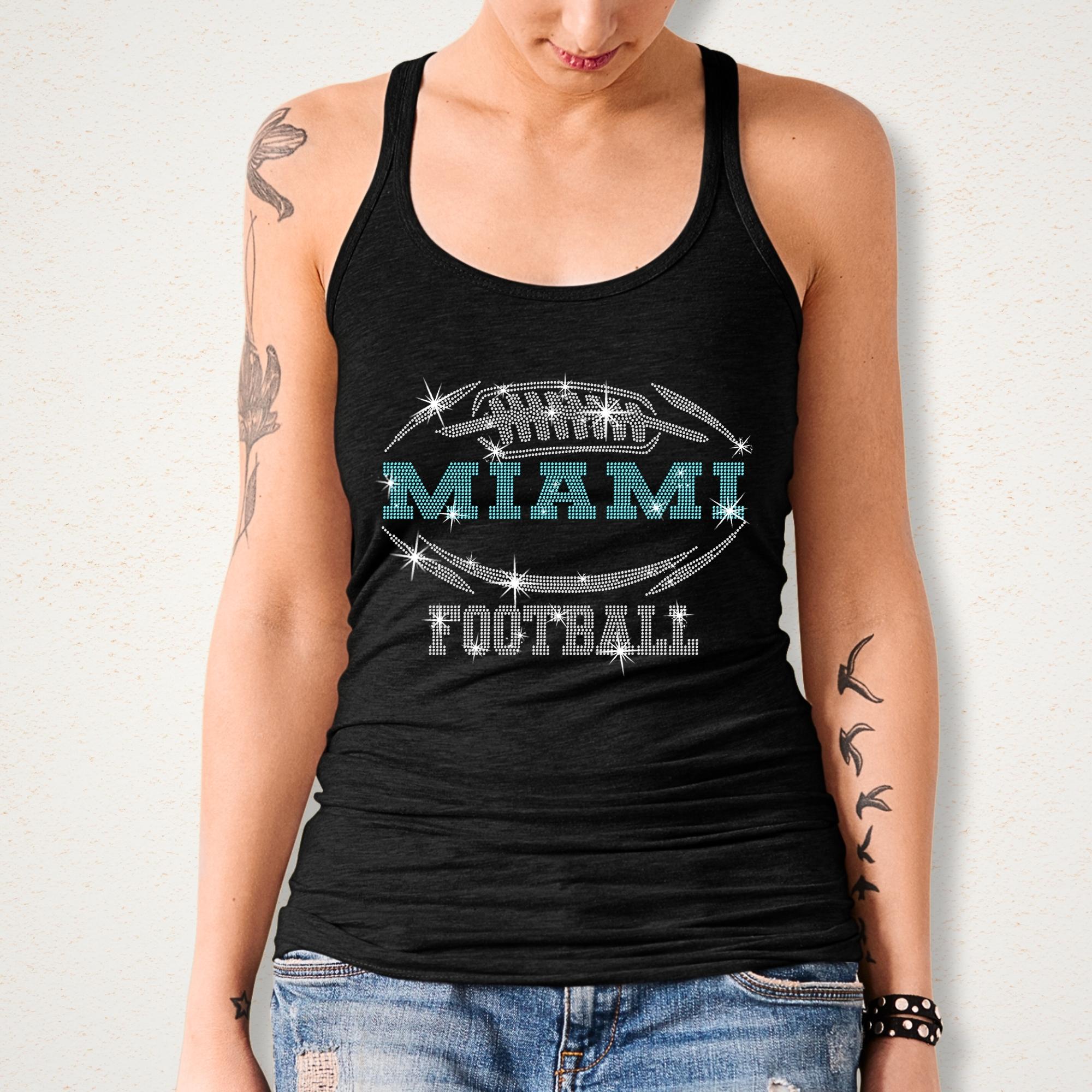 Miami Rhinestone Football T-Shirt: Sparkling Game Day Tee