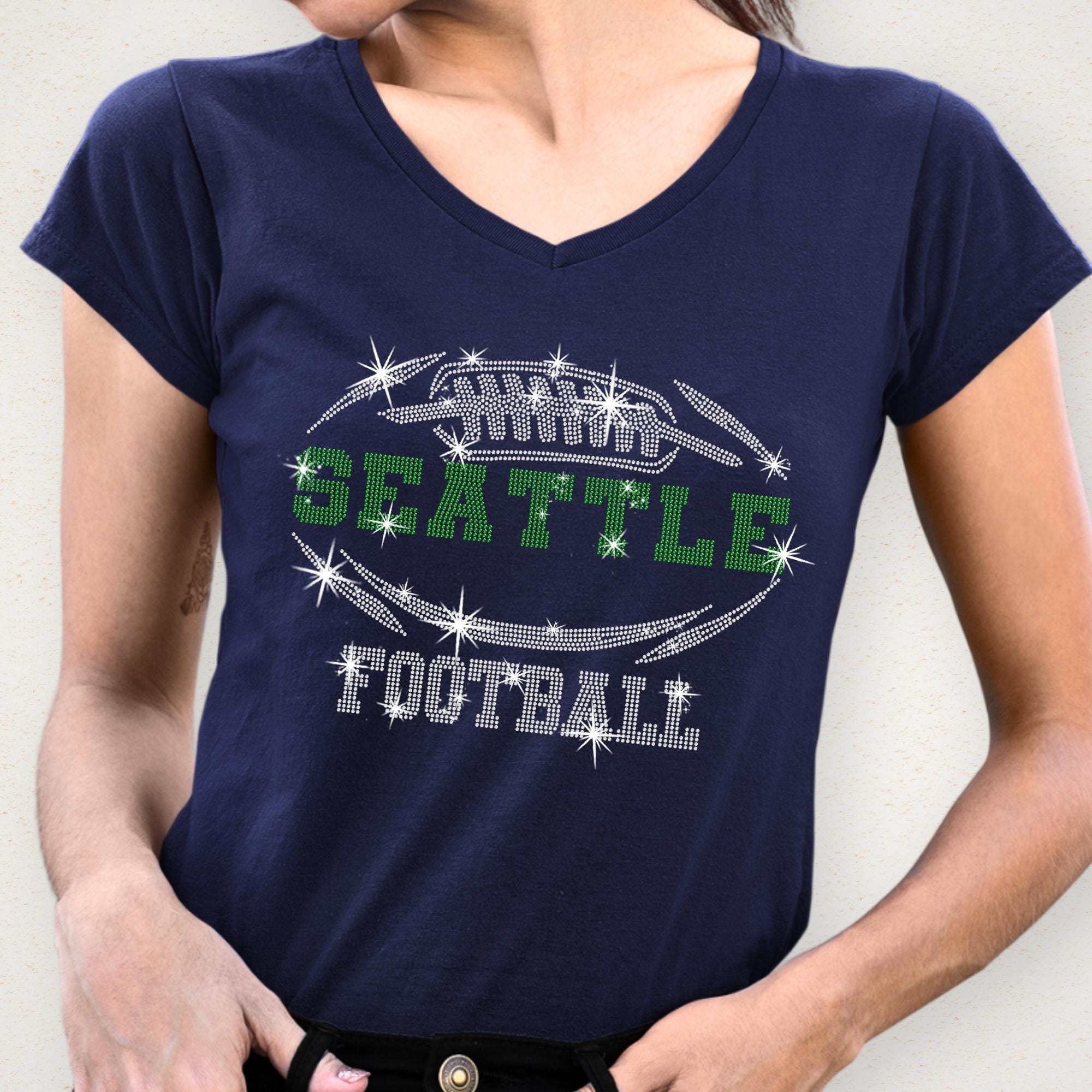Seattle Rhinestone Football T-Shirt: Sparkling Game Day Fan Tee