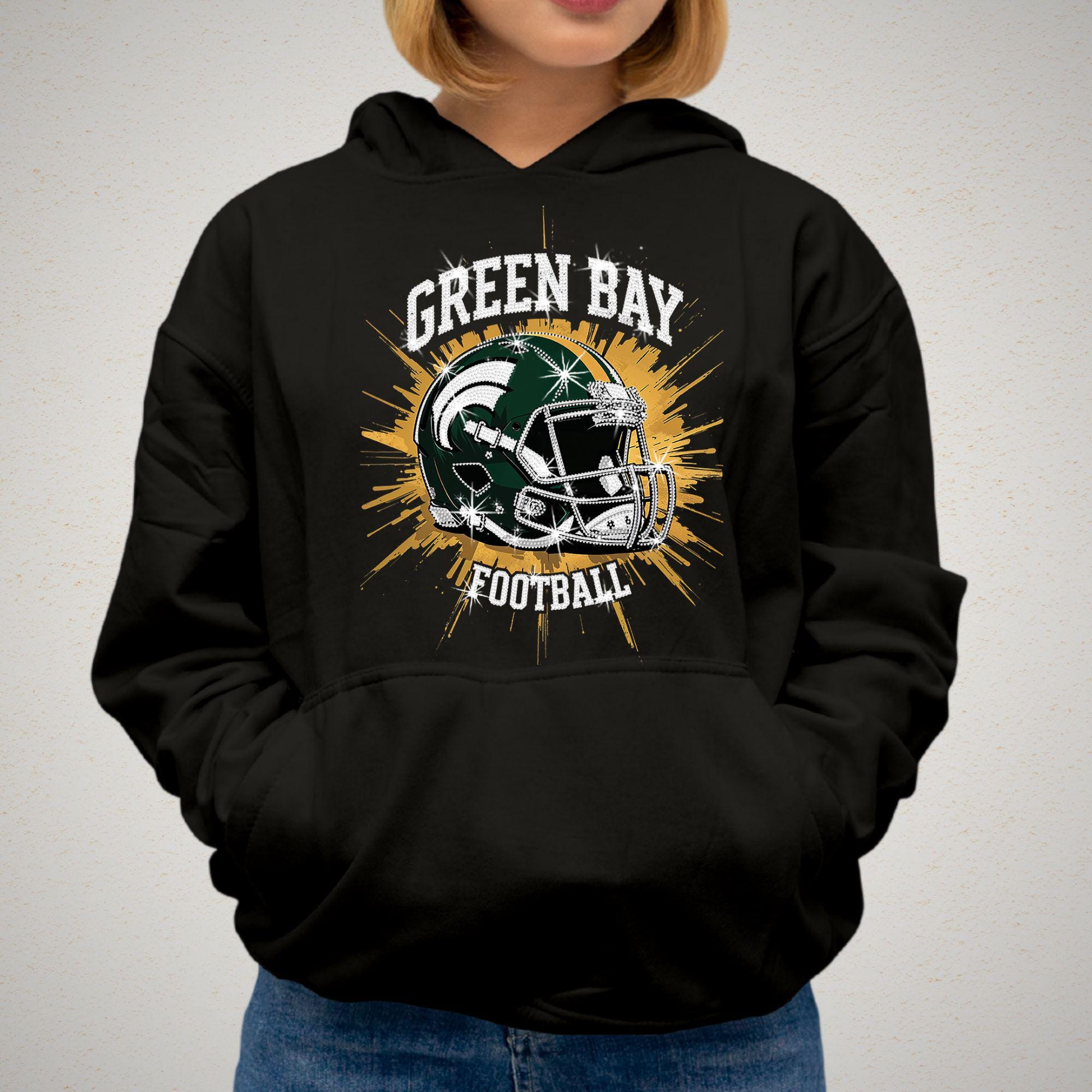 Green Bay Rhinestone Football Shirt: Game Day Bling T-Shirt DTF Rhinestone Mix