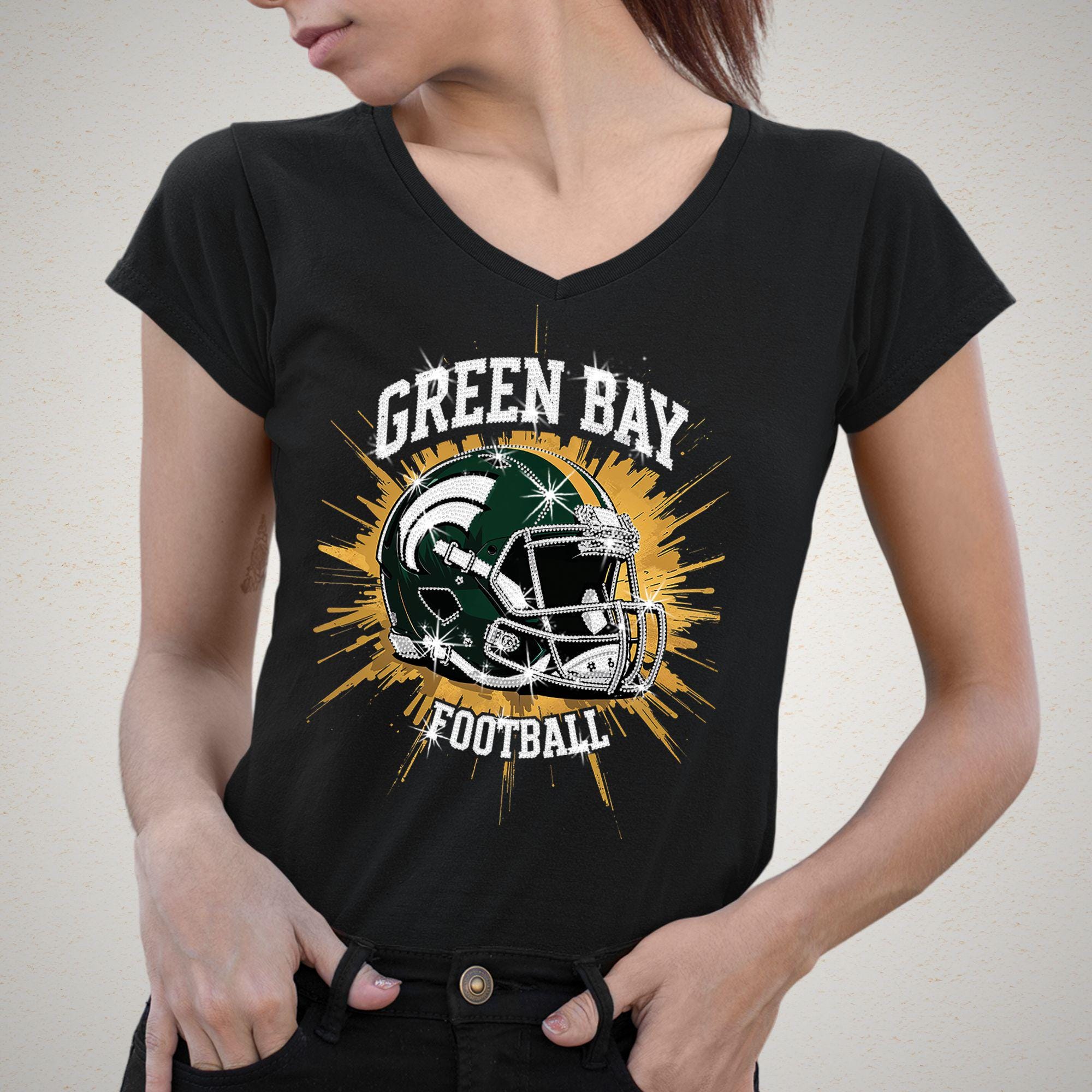 Green Bay Rhinestone Football Shirt: Game Day Bling T-Shirt DTF Rhinestone Mix