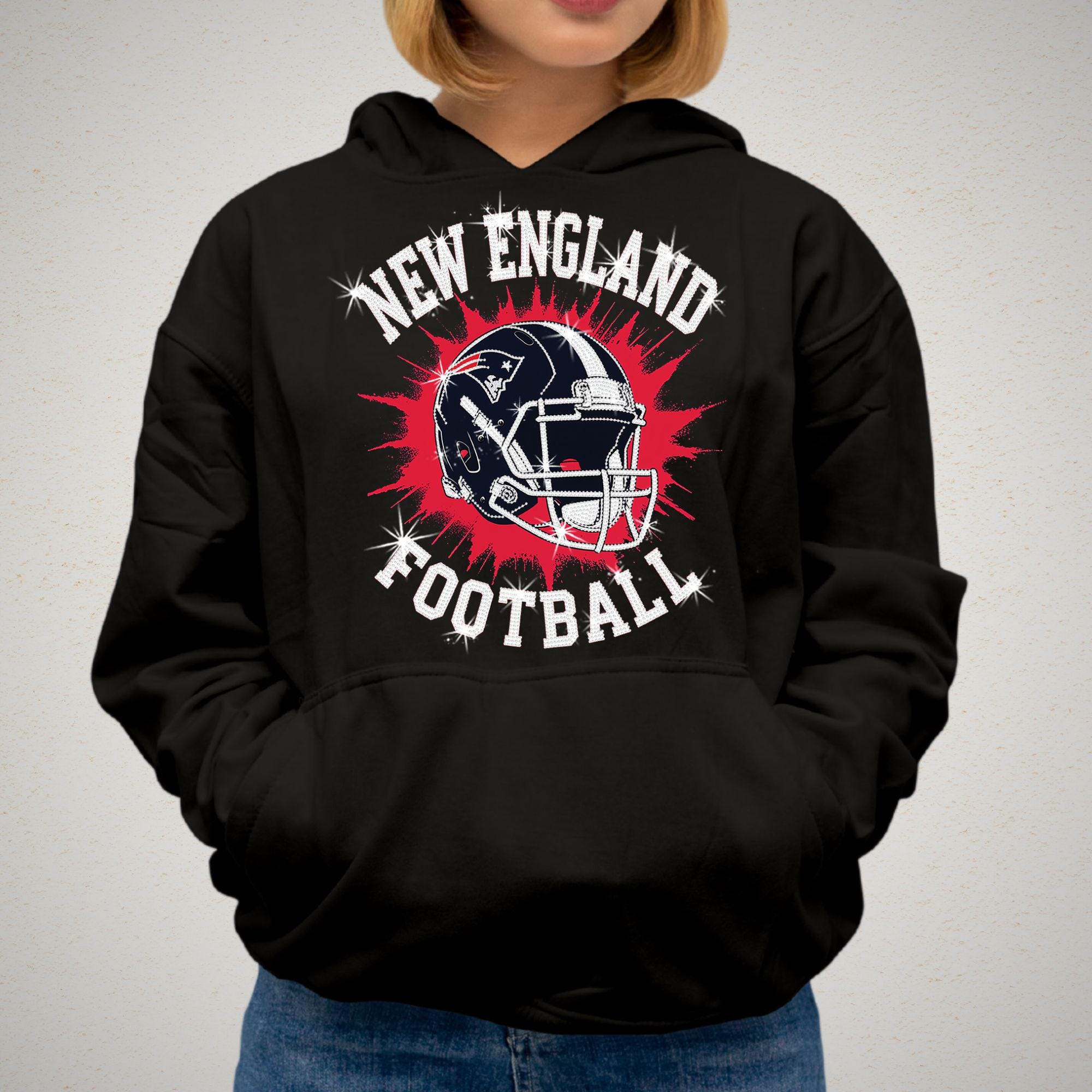 New England Sparkly Rhinestone Football Shirt: Game Day Bling Tee DTF and Rhinestone Mix