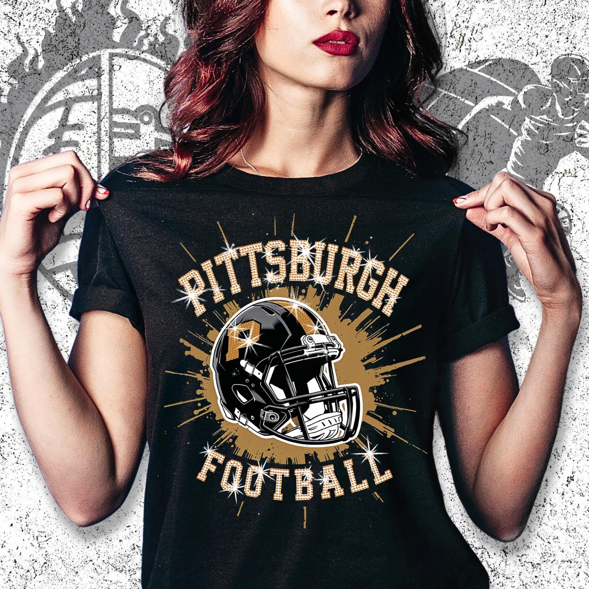 Pittsburgh Rhinestone Football Shirt: Game Day Bling Tee DTF and Rhinestone Mix Main image