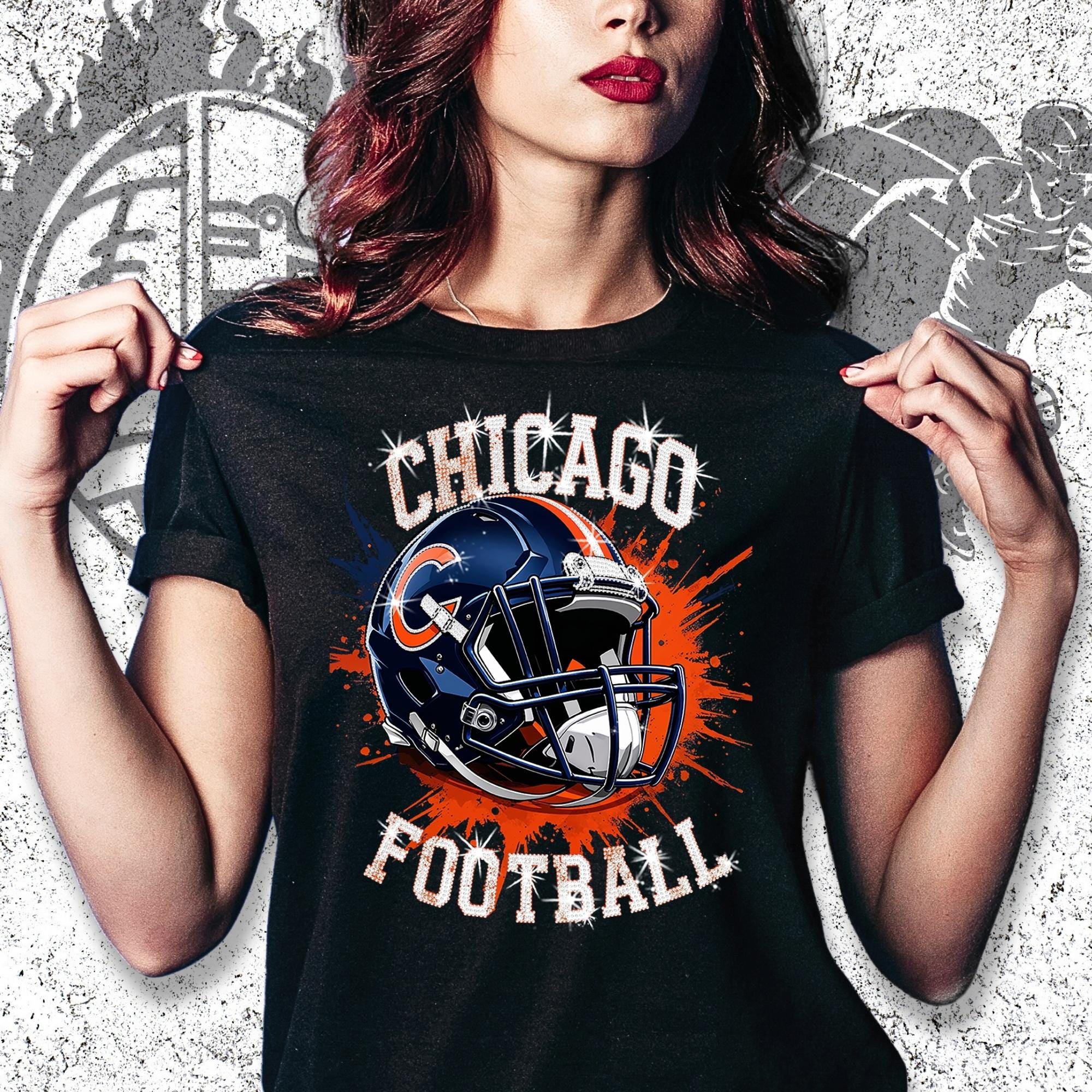 Chicago Football Bling Shirt: Rhinestone Game Day Tee DTF and Rhinestone Mix