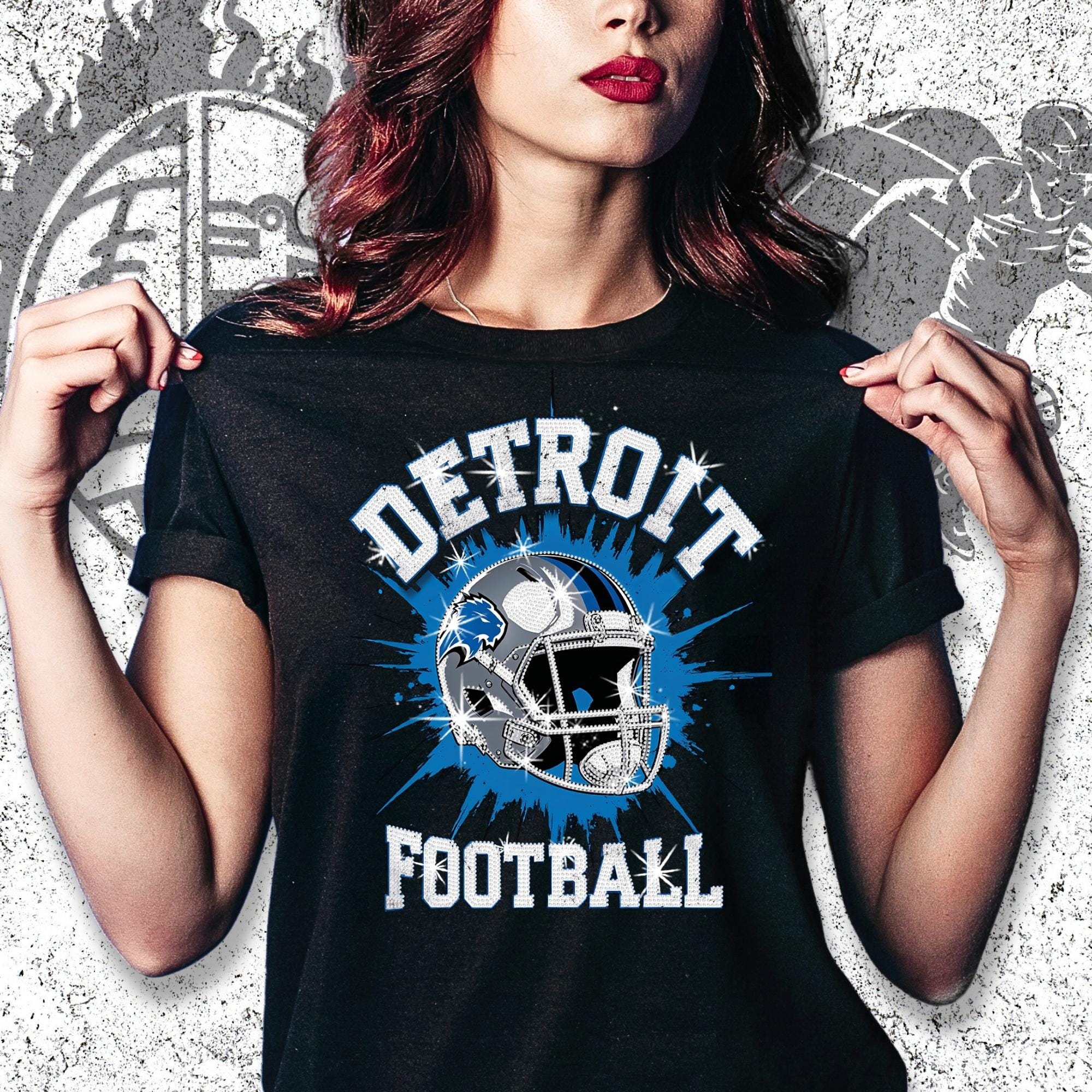 Detroit Football Rhinestone Shirt: Sparkly Game Day Tee DTF Rhinestone Mix Main image