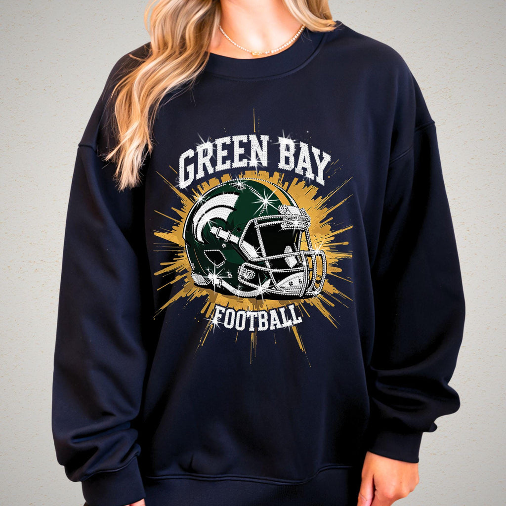 Green Bay Rhinestone Football Shirt: Game Day Bling T-Shirt DTF Rhinestone Mix
