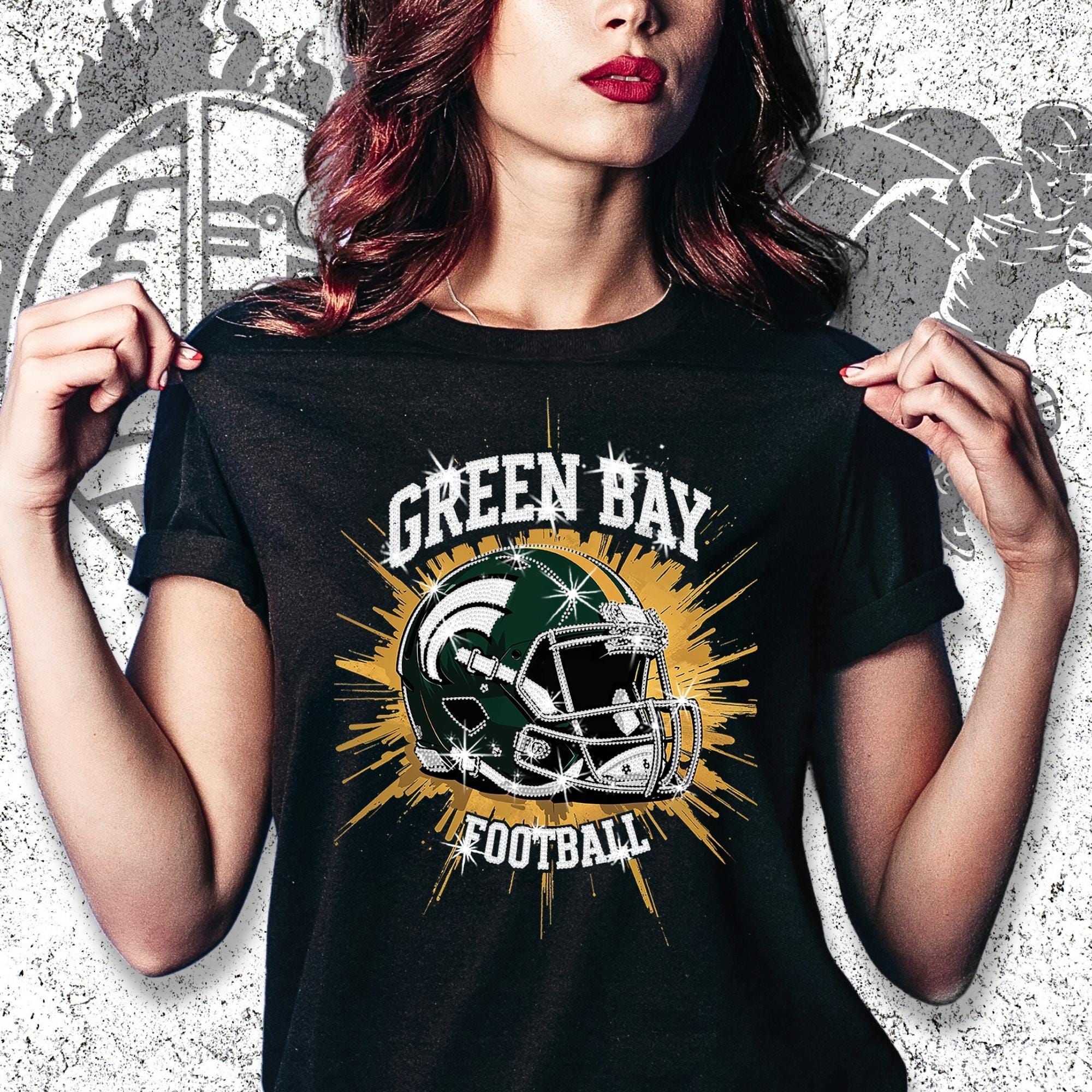 Green Bay Rhinestone Football Shirt: Game Day Bling T-Shirt DTF Rhinestone Mix