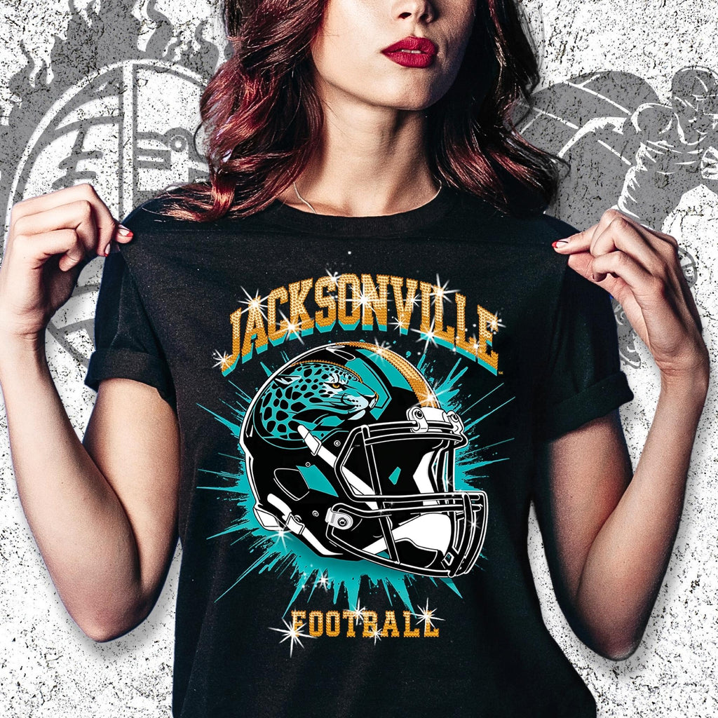 Jacksonville Rhinestone Bling Football T-Shirt: Game Day Tee DTF and Rhinestone Mix