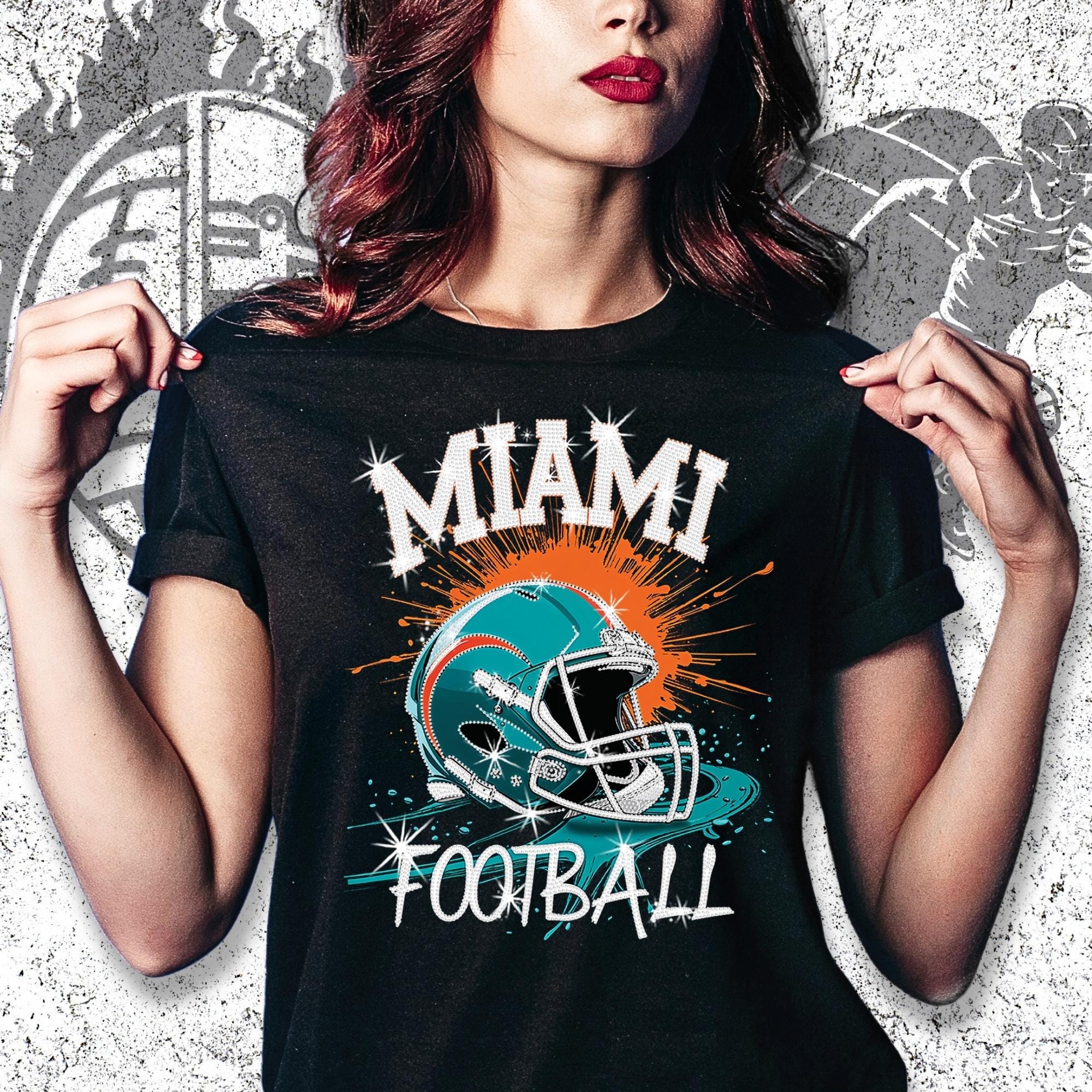 Miami Football Rhinestone Shirt: Sparkly Game Day Tee DTF Rhinestone Mix Main image