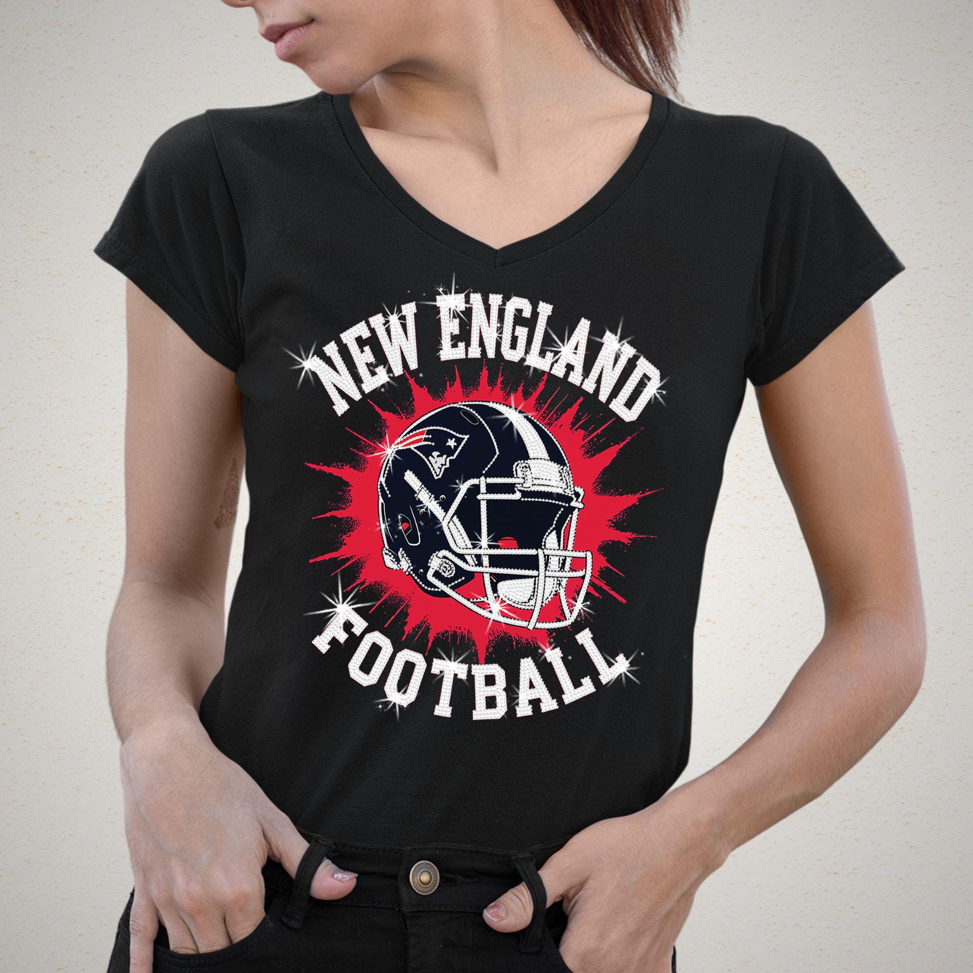 New England Sparkly Rhinestone Football Shirt: Game Day Bling Tee DTF and Rhinestone Mix