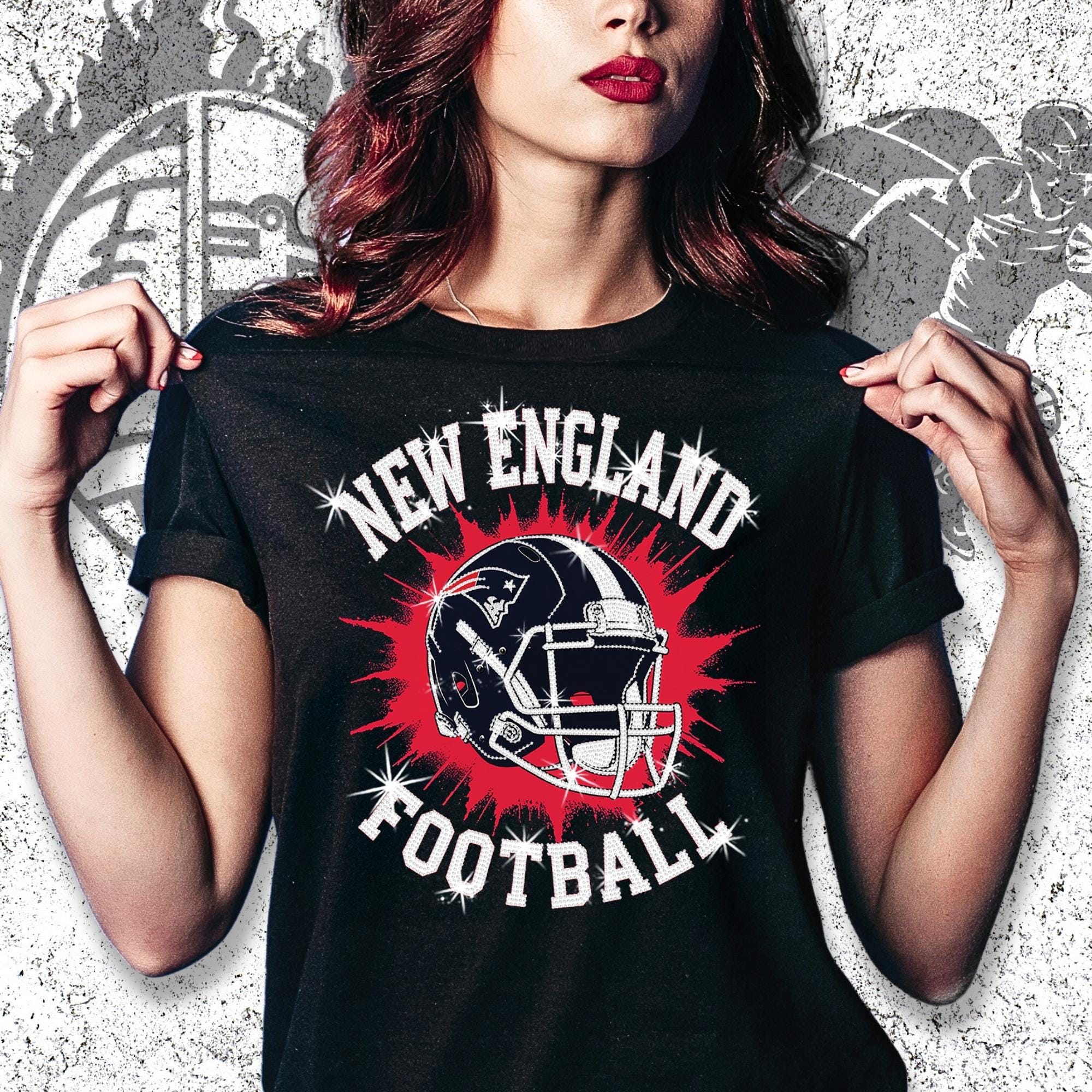 New England Sparkly Rhinestone Football Shirt: Game Day Bling Tee DTF and Rhinestone Mix