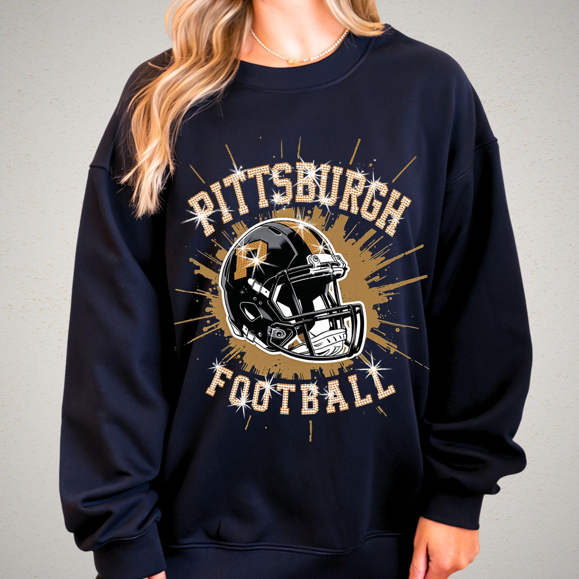 Pittsburgh Rhinestone Football Shirt: Game Day Bling Tee DTF and Rhinestone Mix