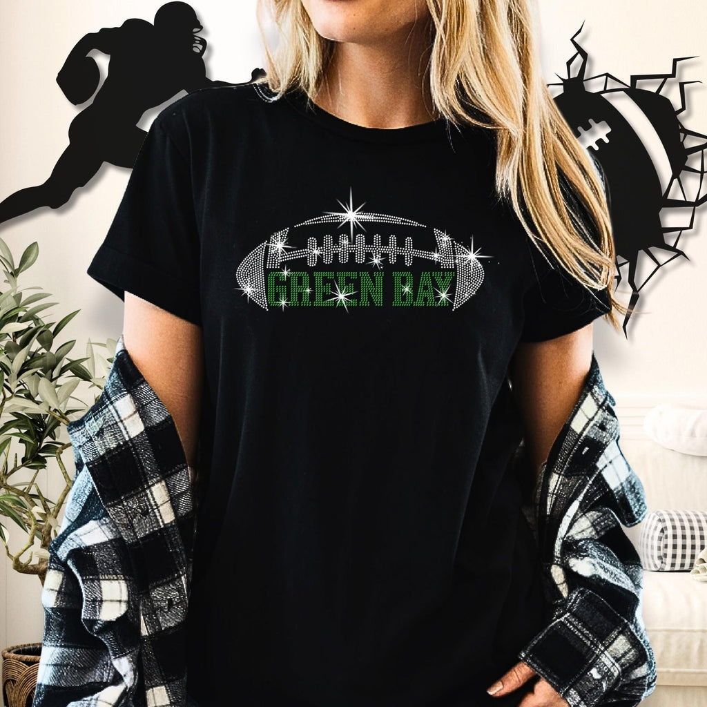 Green Bay Rhinestone Football T-Shirt: Retro Style Glitter Tee