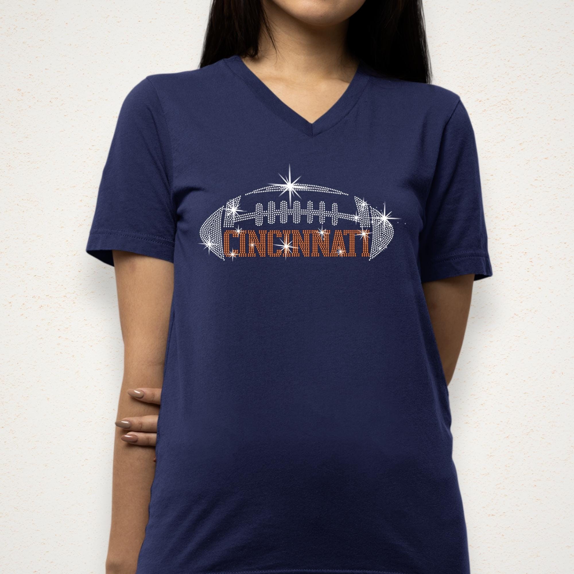 Cincinnati Rhinestone Football T-Shirt: Game Day Glitter Design