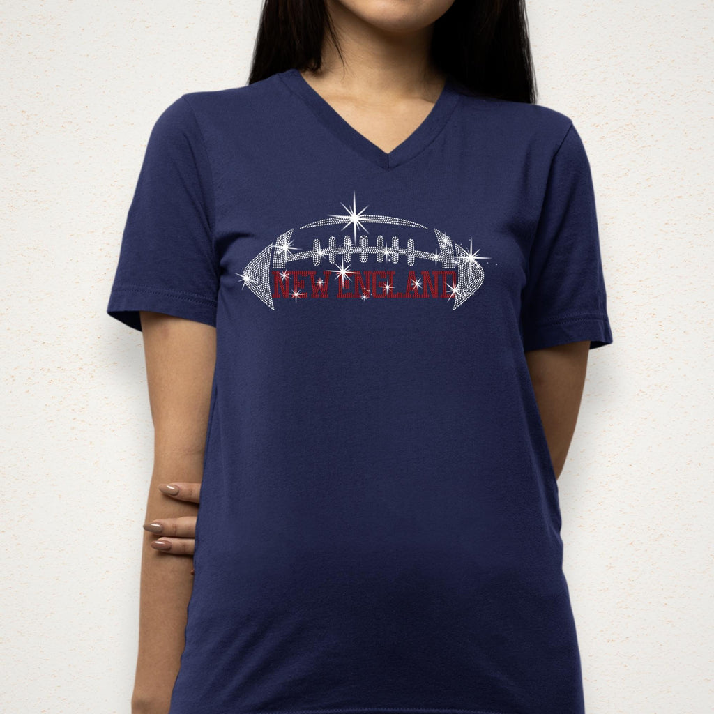 New England Rhinestone Football T-Shirt: New England Glitter Design