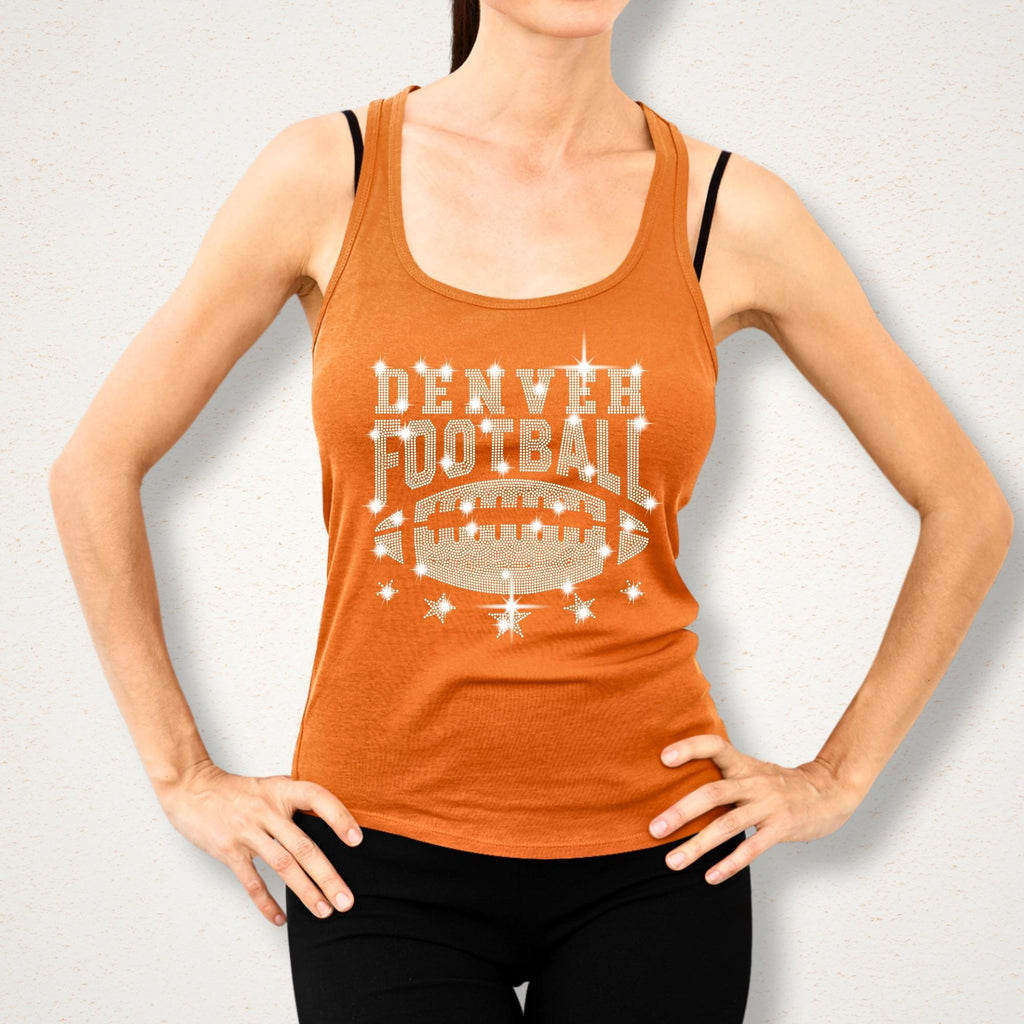 Denver Rhinestone Football T-Shirt: Trendy Game Day Bling