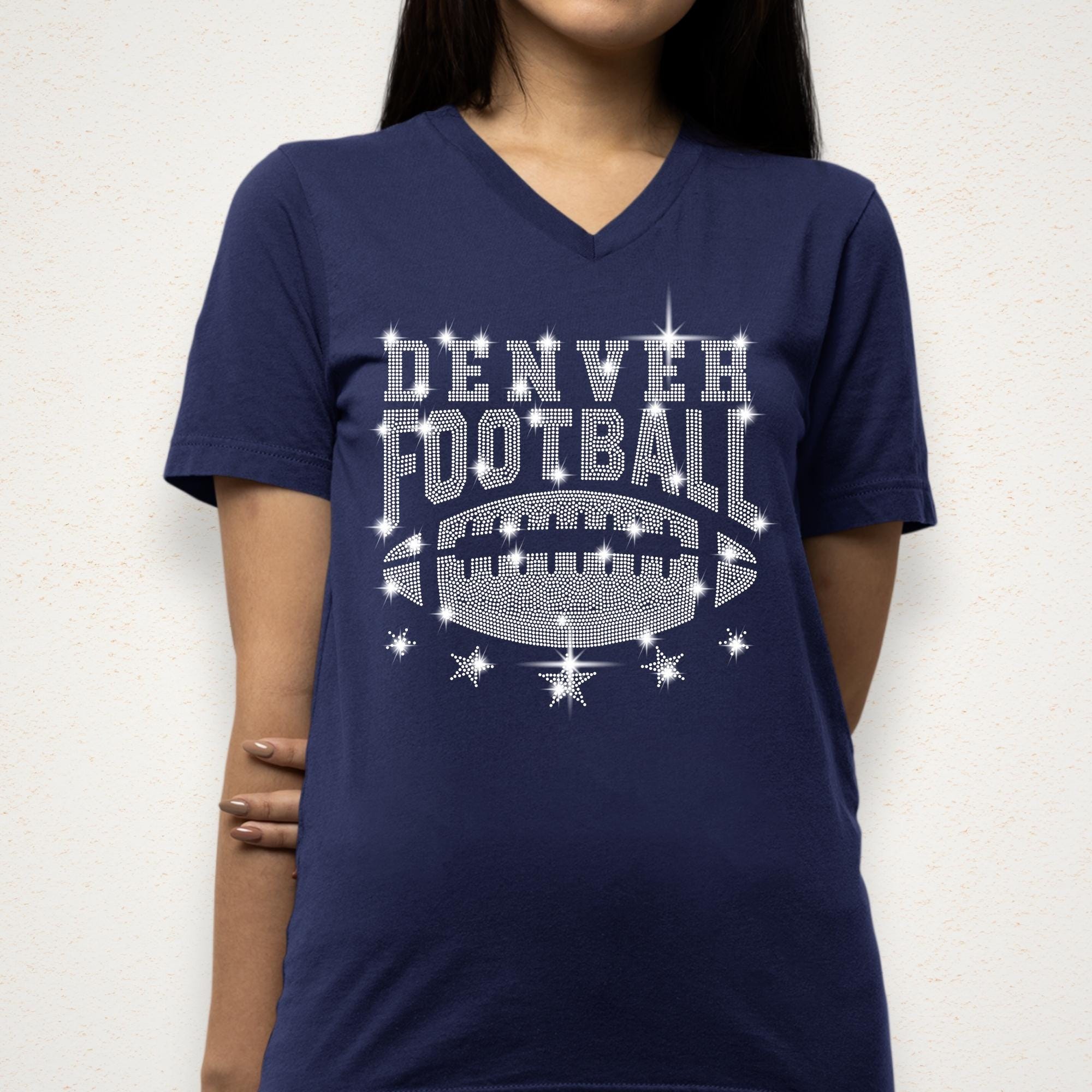 Denver Rhinestone Football T-Shirt: Trendy Game Day Bling