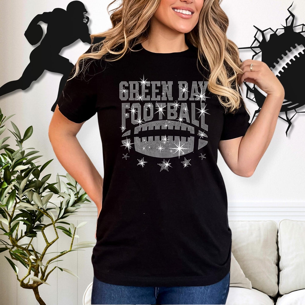 Green Bay Rhinestone Football T-Shirt: Stylish Team Spirit Apparel