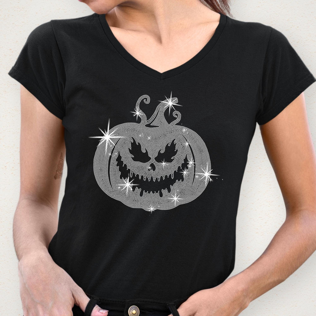 Rhinestone Pumpkin Halloween T-Shirt: Scary Evil Design