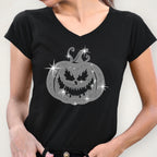 Rhinestone Pumpkin Halloween T-Shirt: Scary Evil Design