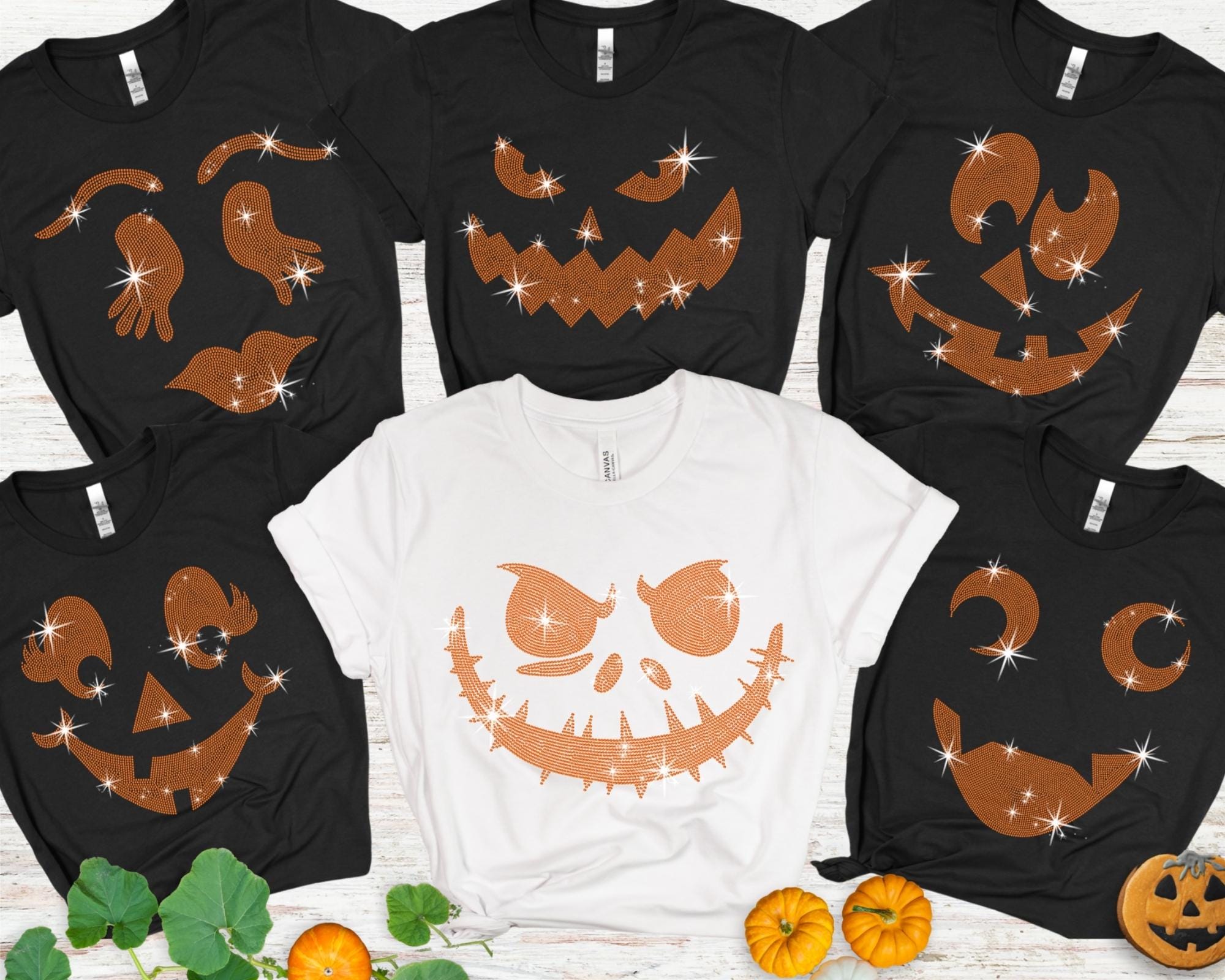 Rhinestone Pumpkin Faces Halloween Shirt: Sparkly Family Costume Tee