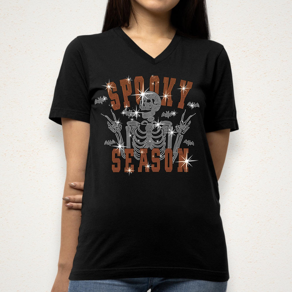 Spooky Season Skeleton Rhinestone Shirt: Halloween Sparkle Tee for Women