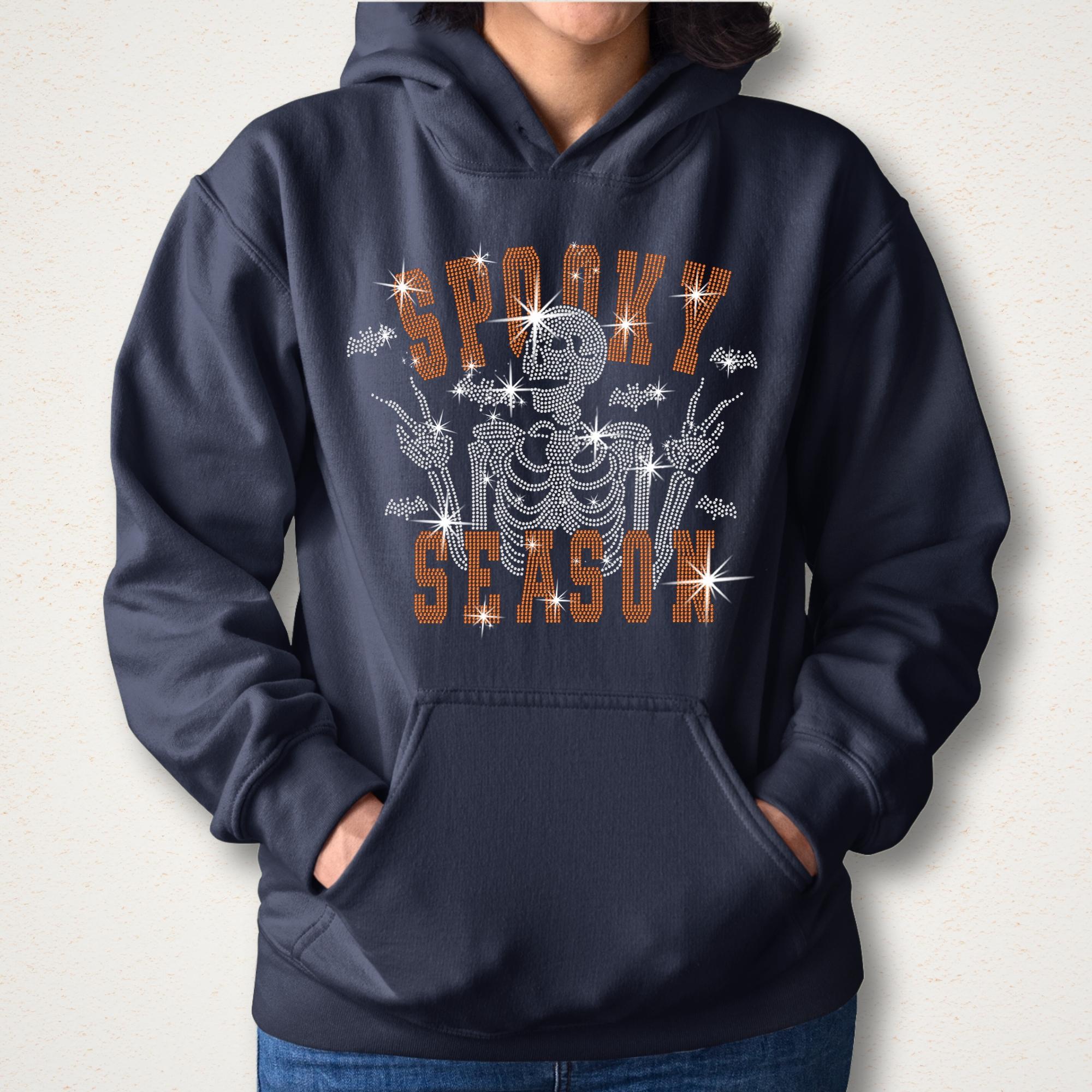 Spooky Season Skeleton Rhinestone Shirt: Halloween Sparkle Tee for Women