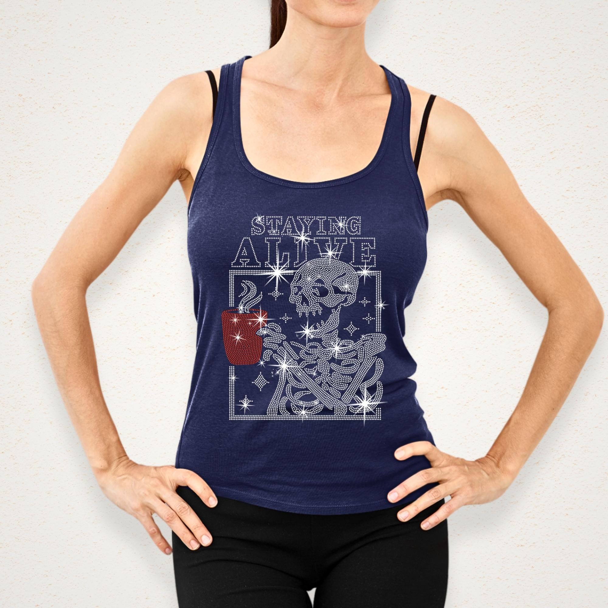 Staying Alive Rhinestone Coffee Shirt: Bling Halloween Tee