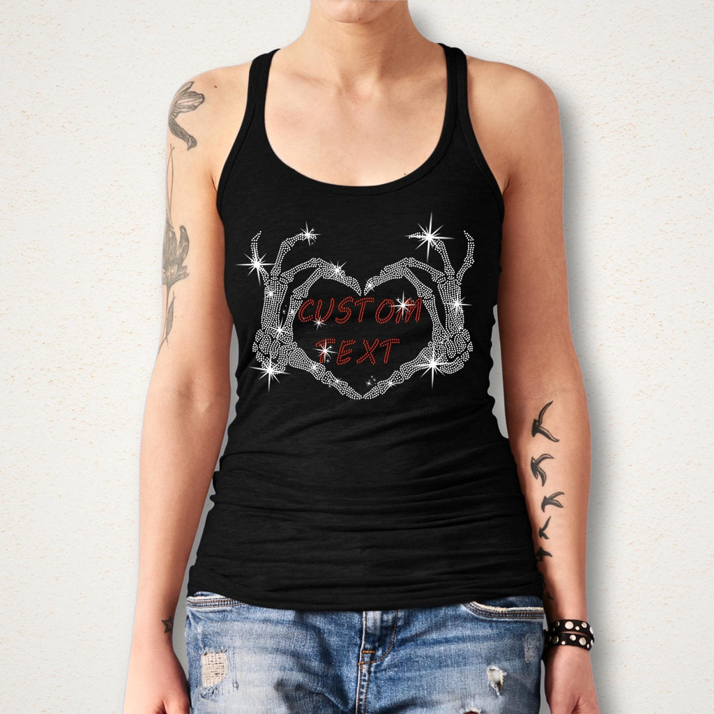 Custom Rhinestone Skeleton Heart Hands Shirt: Sparkle Gothic Halloween Tee