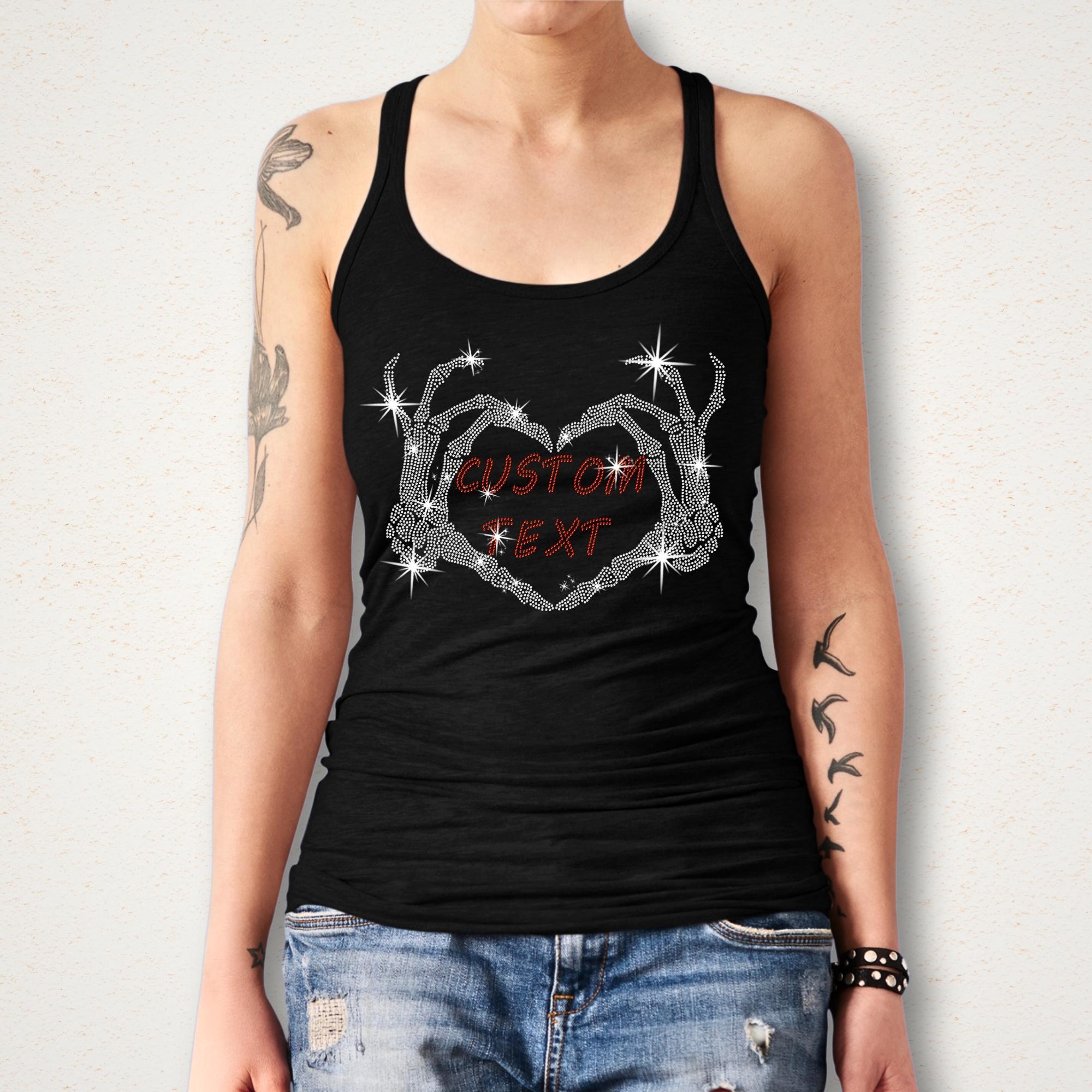 Custom Rhinestone Skeleton Heart Hands Shirt: Sparkle Gothic Halloween Tee