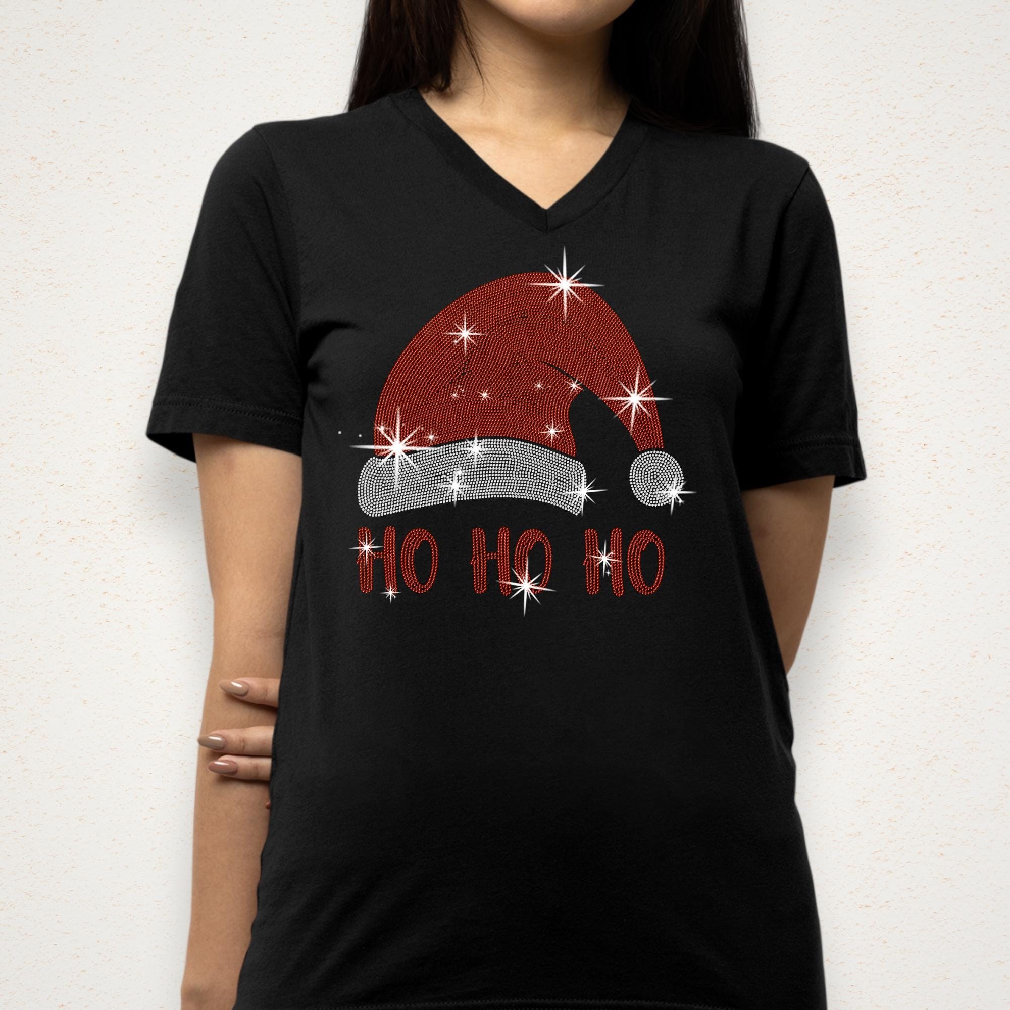Ho Ho Ho Santa Hat Rhinestone Shirt: Christmas Holiday Bling Tee