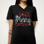 Merry Christmas Reindeers Rhinestone Tee: Xmas Shirt with Santa Claus Riding Reindeers