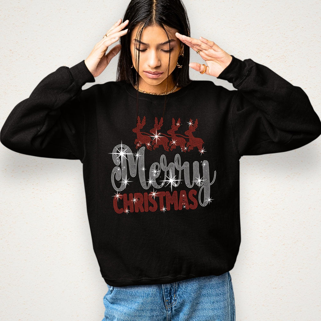 Merry Christmas Reindeers Rhinestone Tee: Xmas Shirt with Santa Claus Riding Reindeers