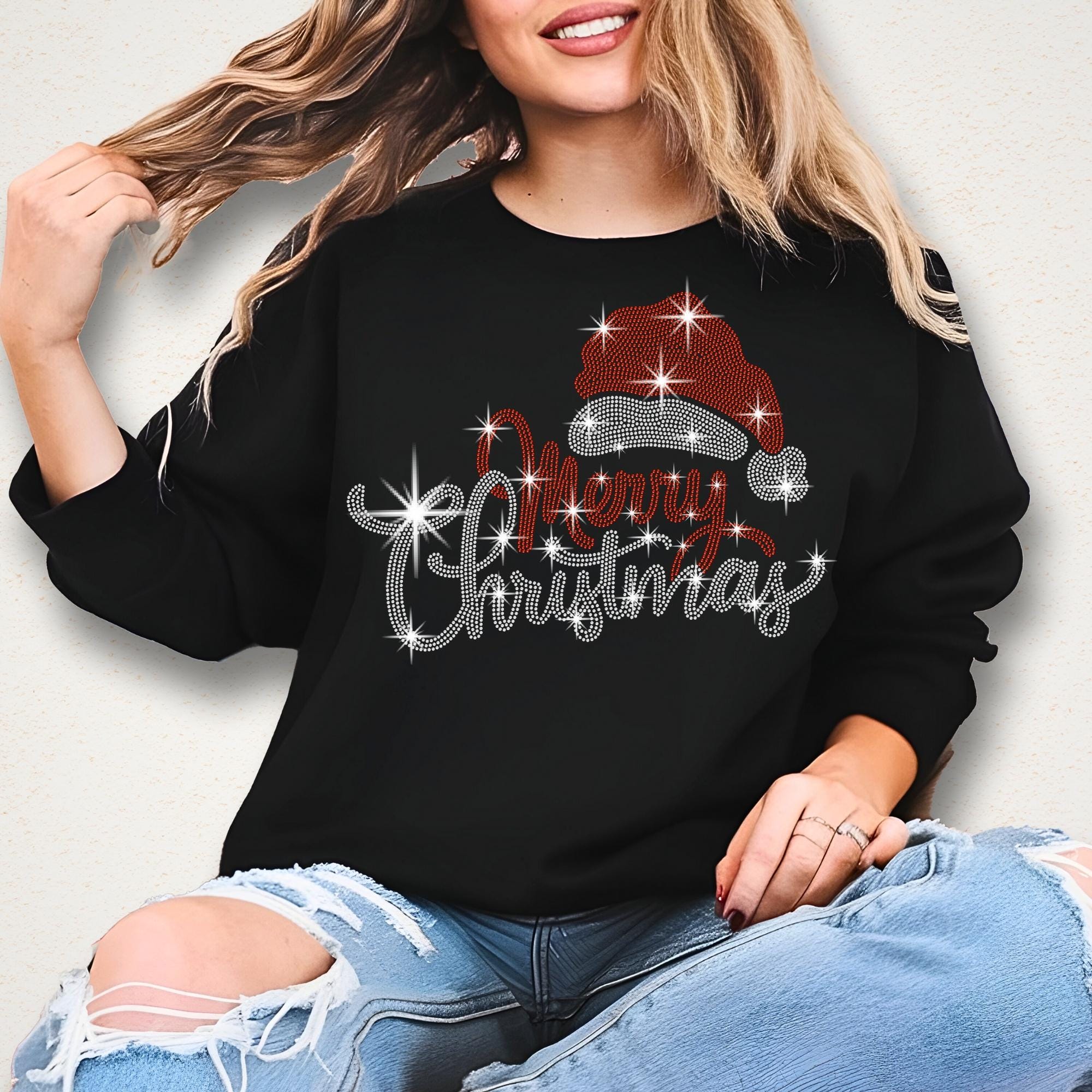 Santa Hat Merry Christmas Rhinestone Shirt: Bling Christmas Party Tee for Women