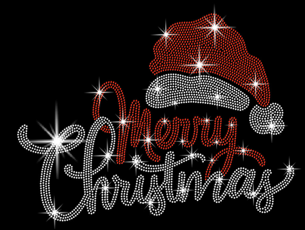 Santa Hat Merry Christmas Rhinestone Shirt: Bling Christmas Party Tee for Women