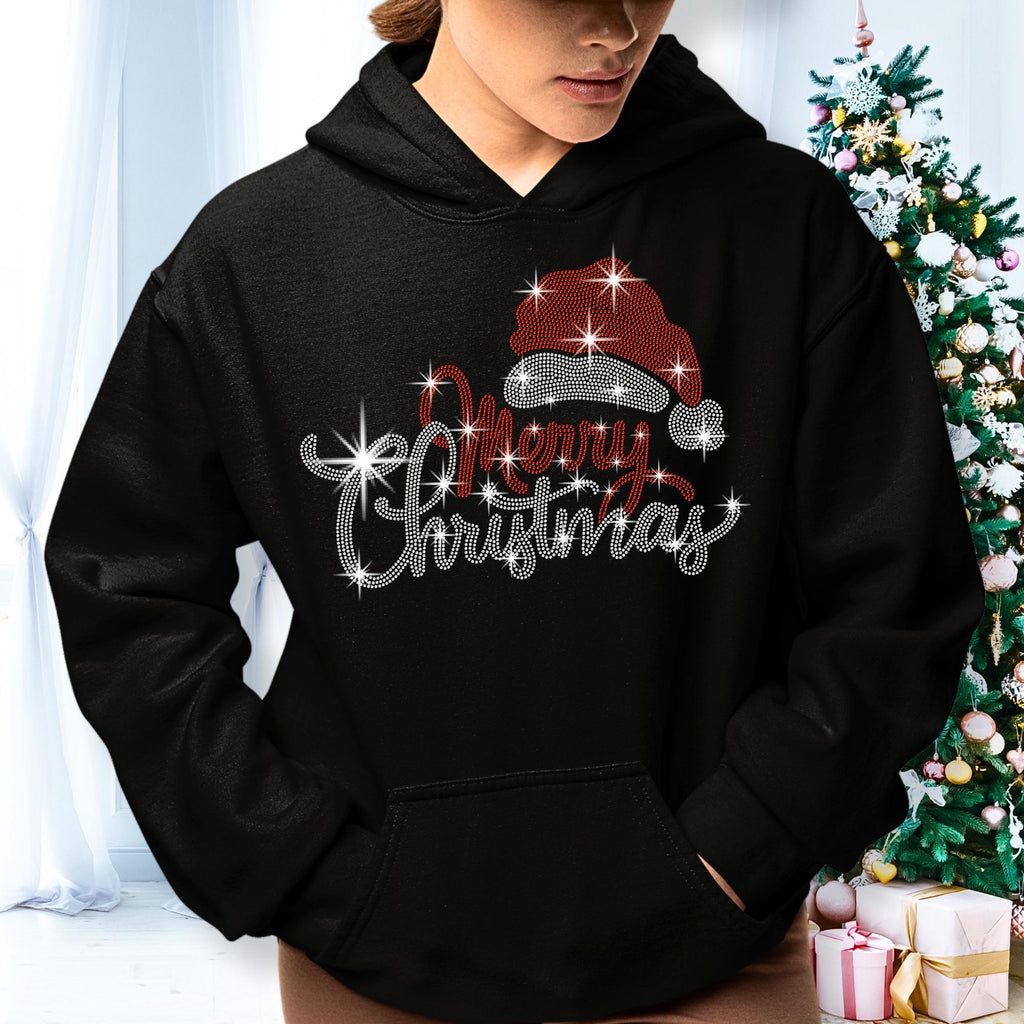 Santa Hat Merry Christmas Rhinestone Shirt: Bling Christmas Party Tee for Women
