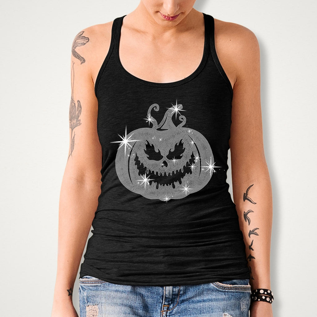 Rhinestone Pumpkin Halloween T-Shirt: Scary Evil Design