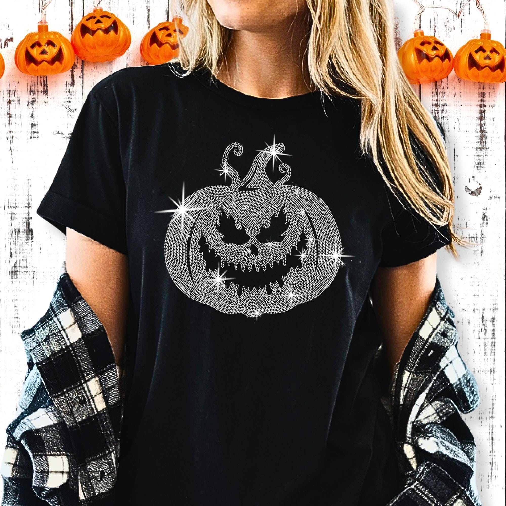 Rhinestone Pumpkin Halloween T-Shirt: Scary Evil Design