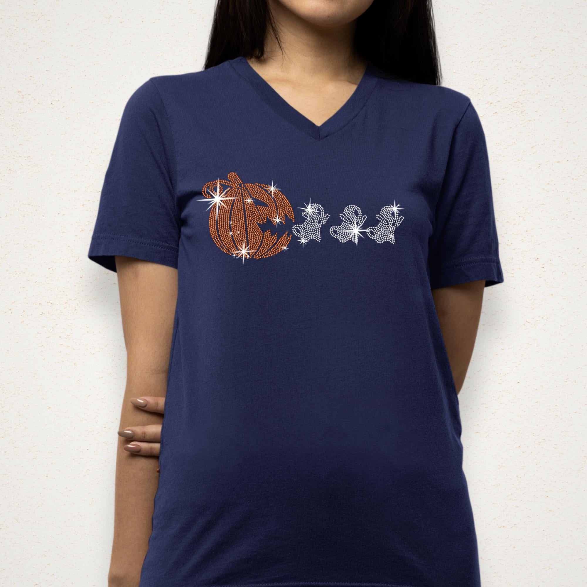 Halloween Pumpkin Rhinestone Shirt with Funny Ghosts : Spooky T-Shirt