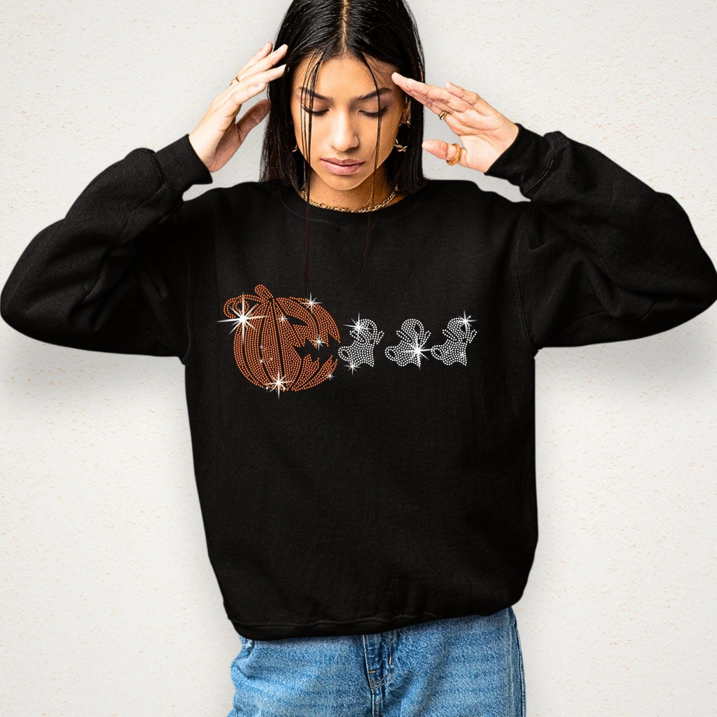 Halloween Pumpkin Rhinestone Shirt with Funny Ghosts : Spooky T-Shirt