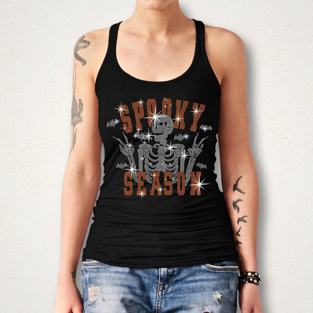 Spooky Season Skeleton Rhinestone Shirt: Halloween Sparkle Tee for Women