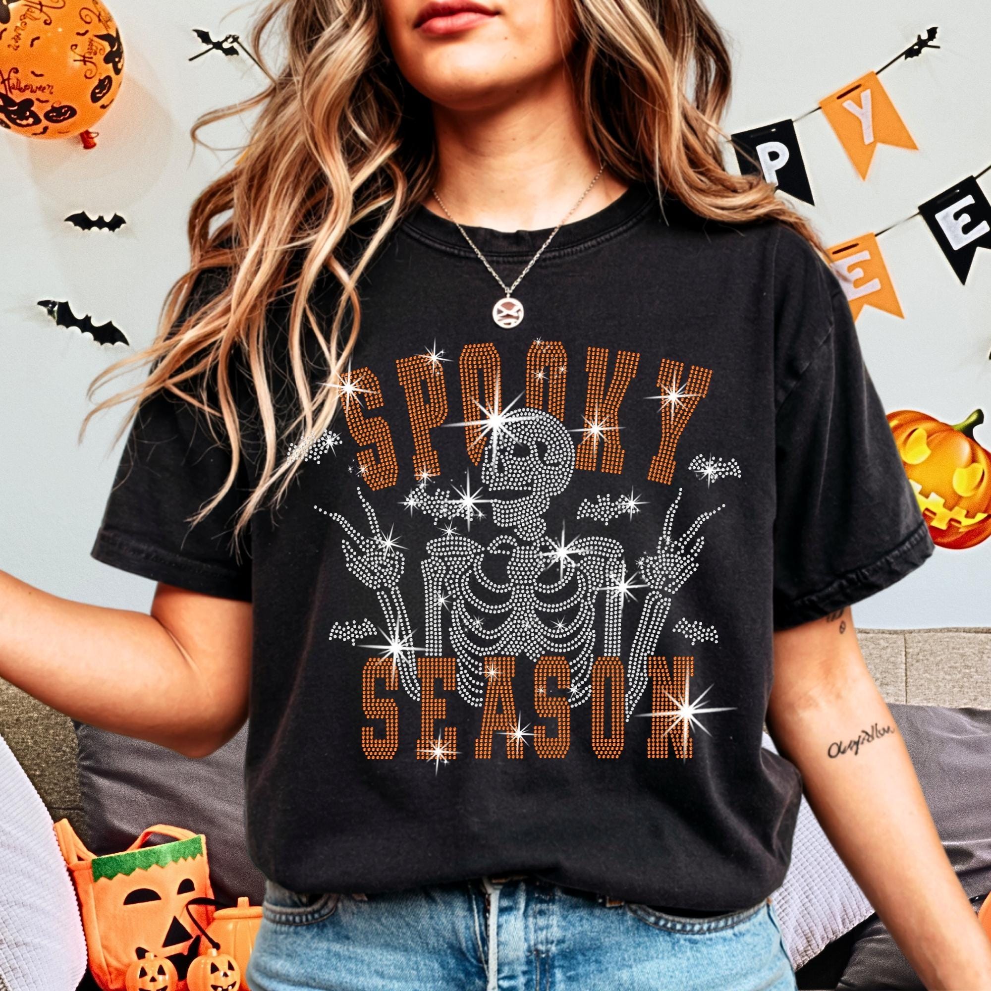 Spooky Season Skeleton Rhinestone Shirt: Halloween Sparkle Tee for Women Main image