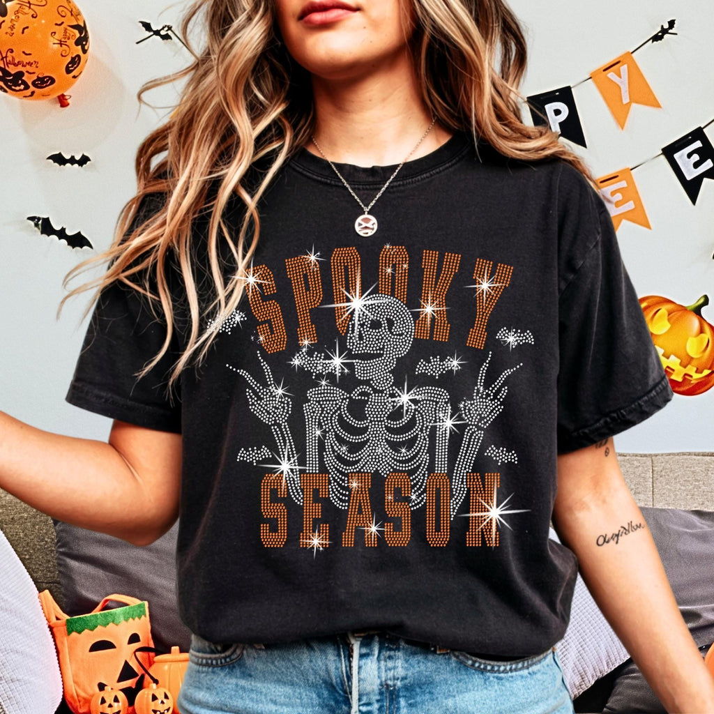 Spooky Season Skeleton Rhinestone Shirt: Halloween Sparkle Tee for Women