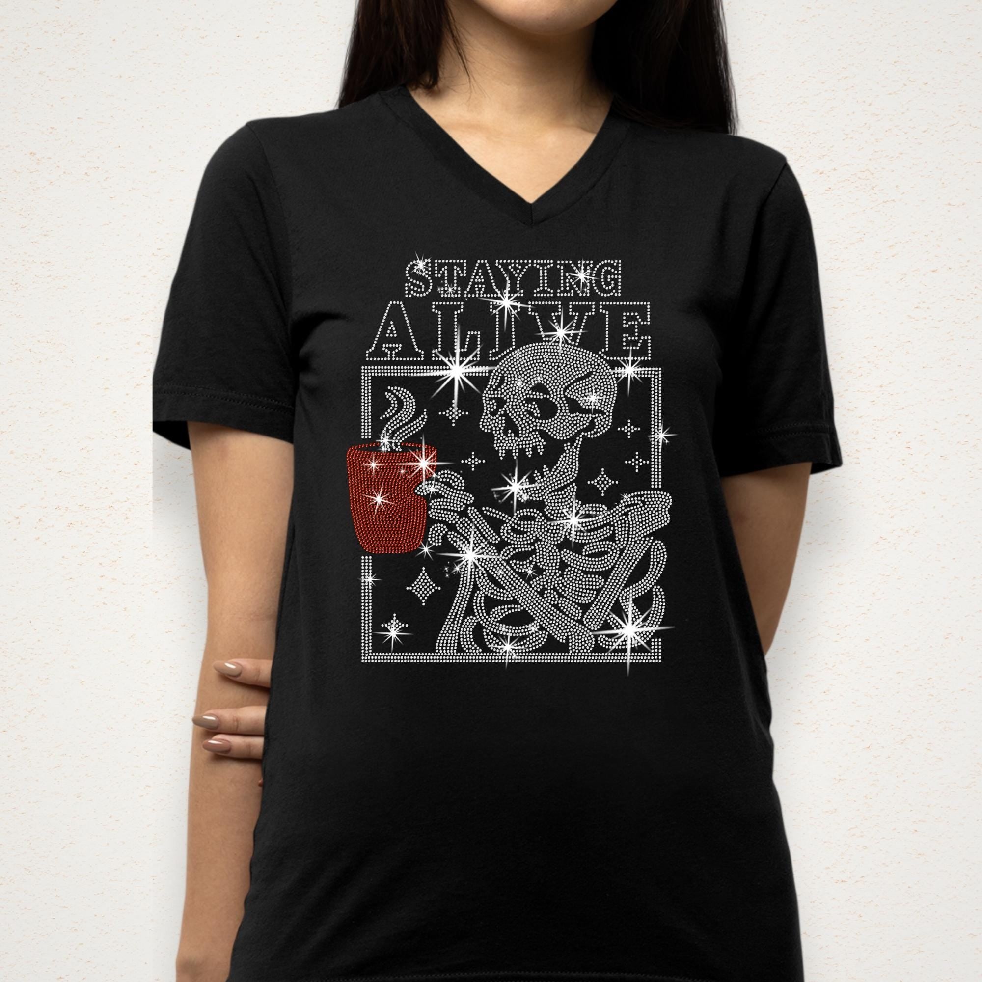 Staying Alive Rhinestone Coffee Shirt: Bling Halloween Tee