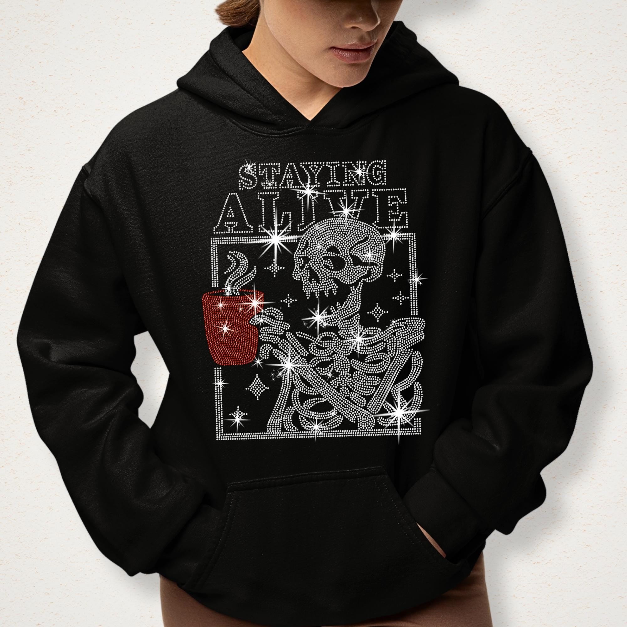 Staying Alive Rhinestone Coffee Shirt: Bling Halloween Tee