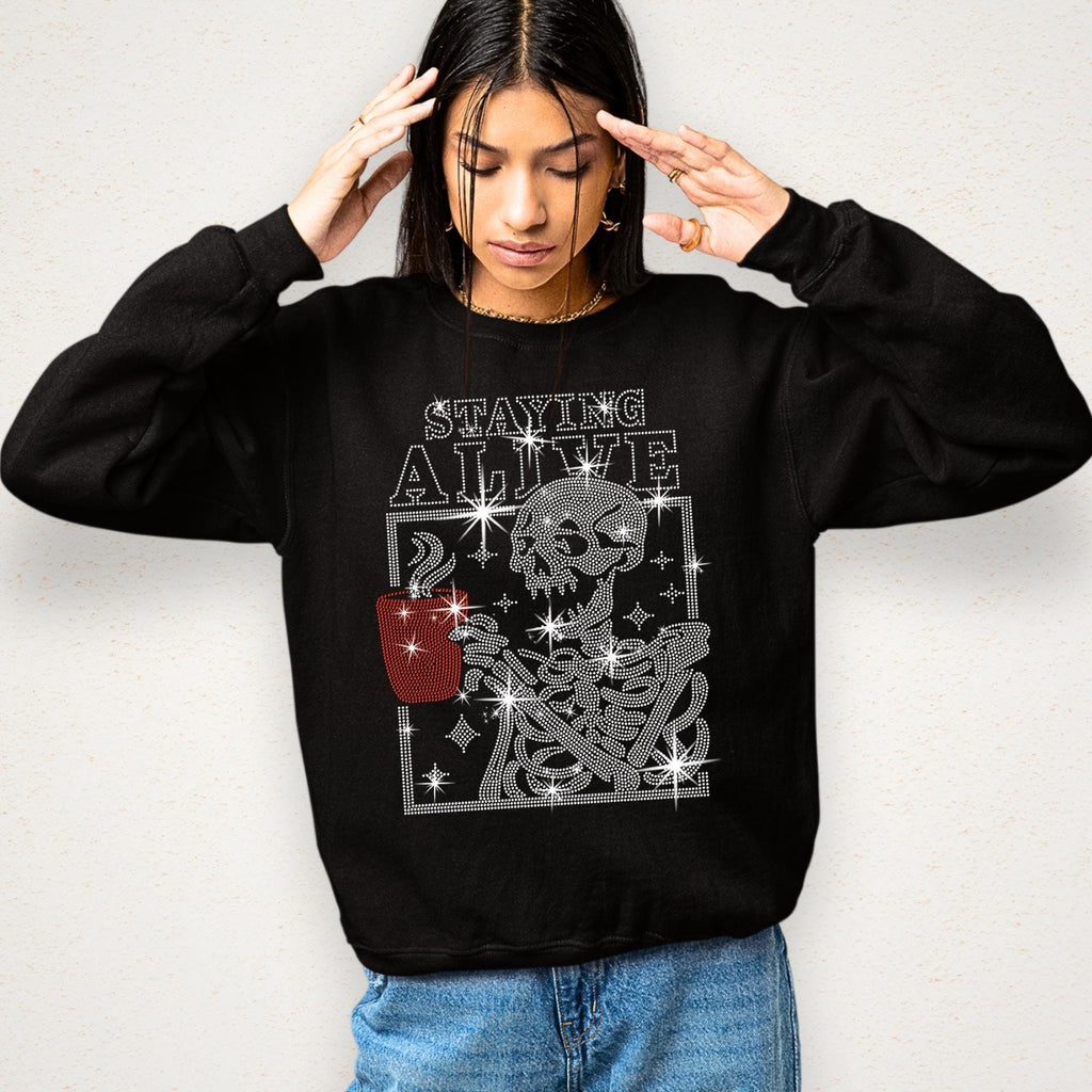 Staying Alive Rhinestone Coffee Shirt: Bling Halloween Tee