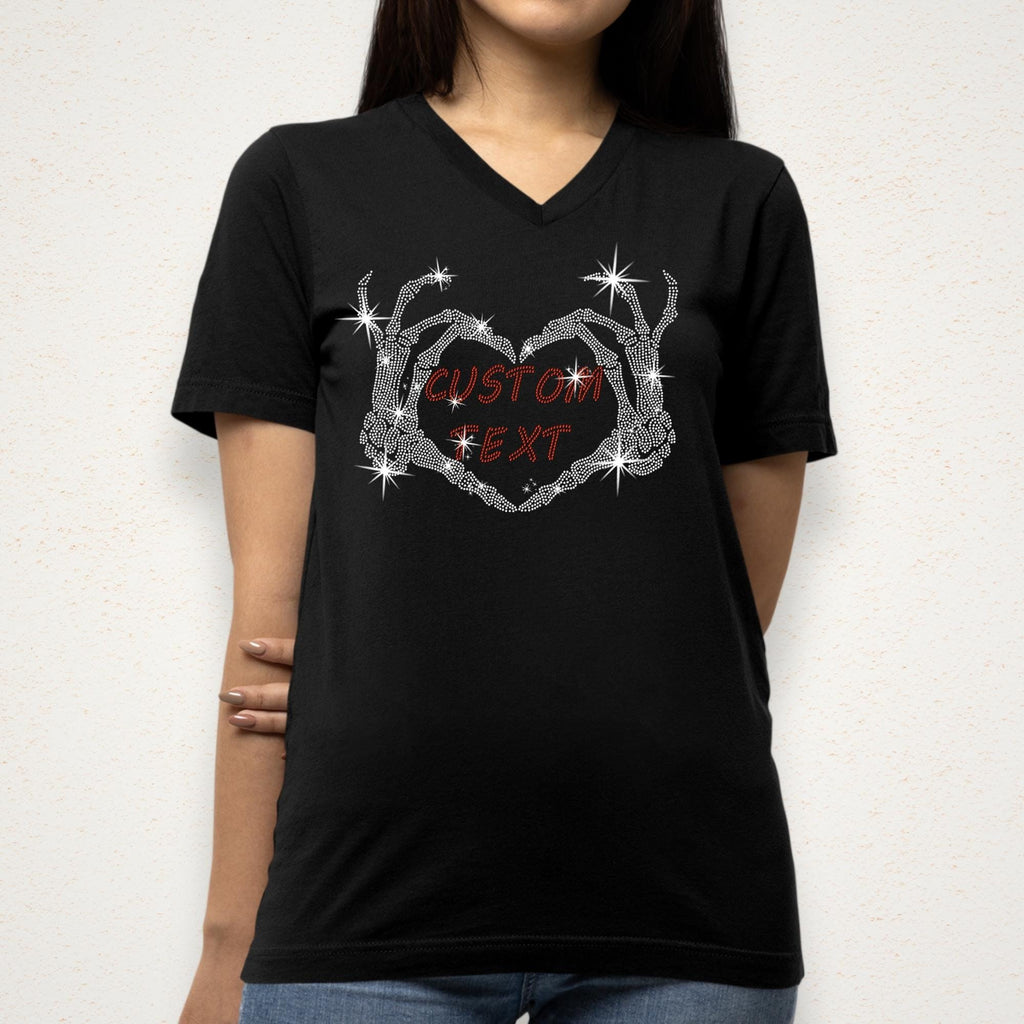 Custom Rhinestone Skeleton Heart Hands Shirt: Sparkle Gothic Halloween Tee